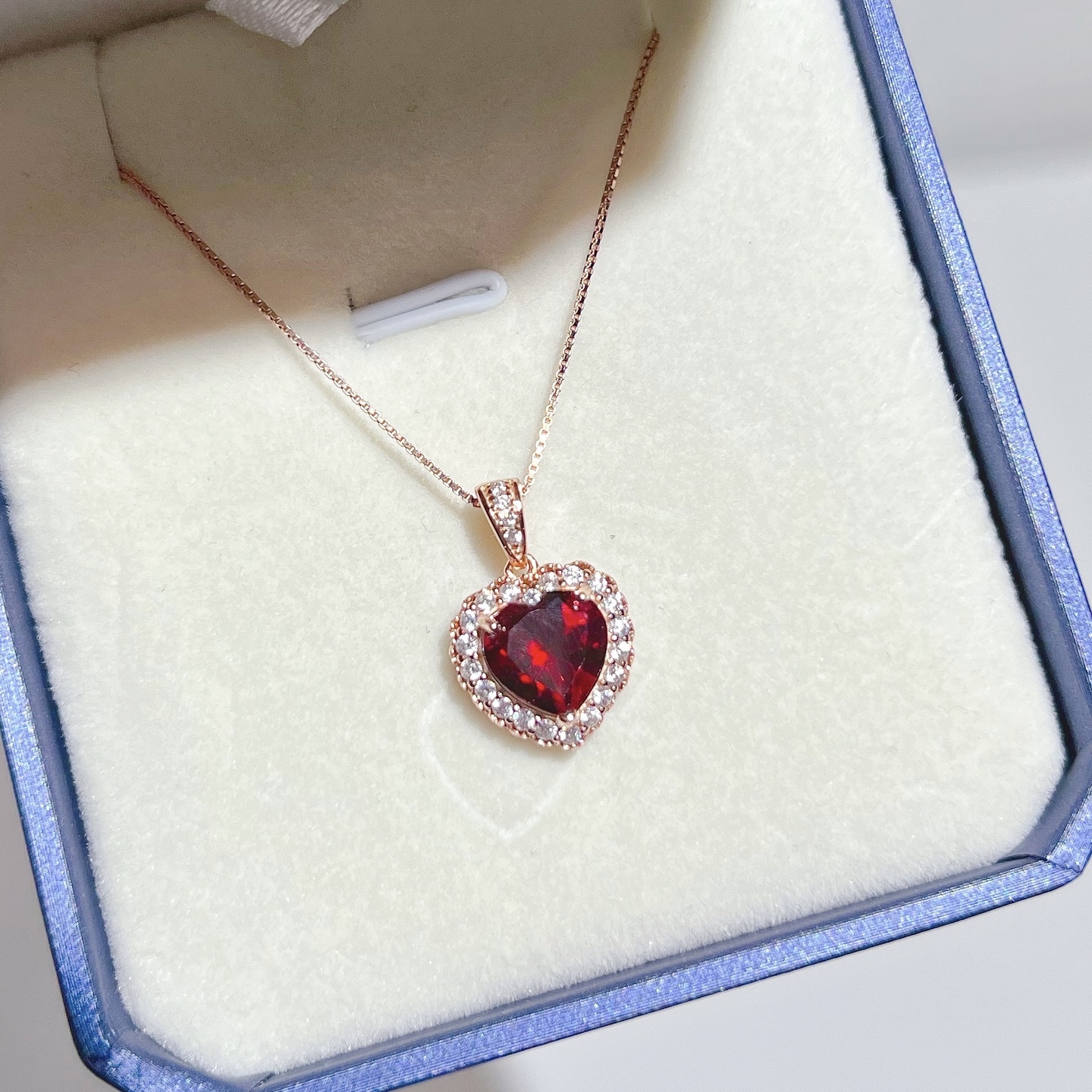 High Quality Red Garnet Heart + Swarovski Crystal Necklace