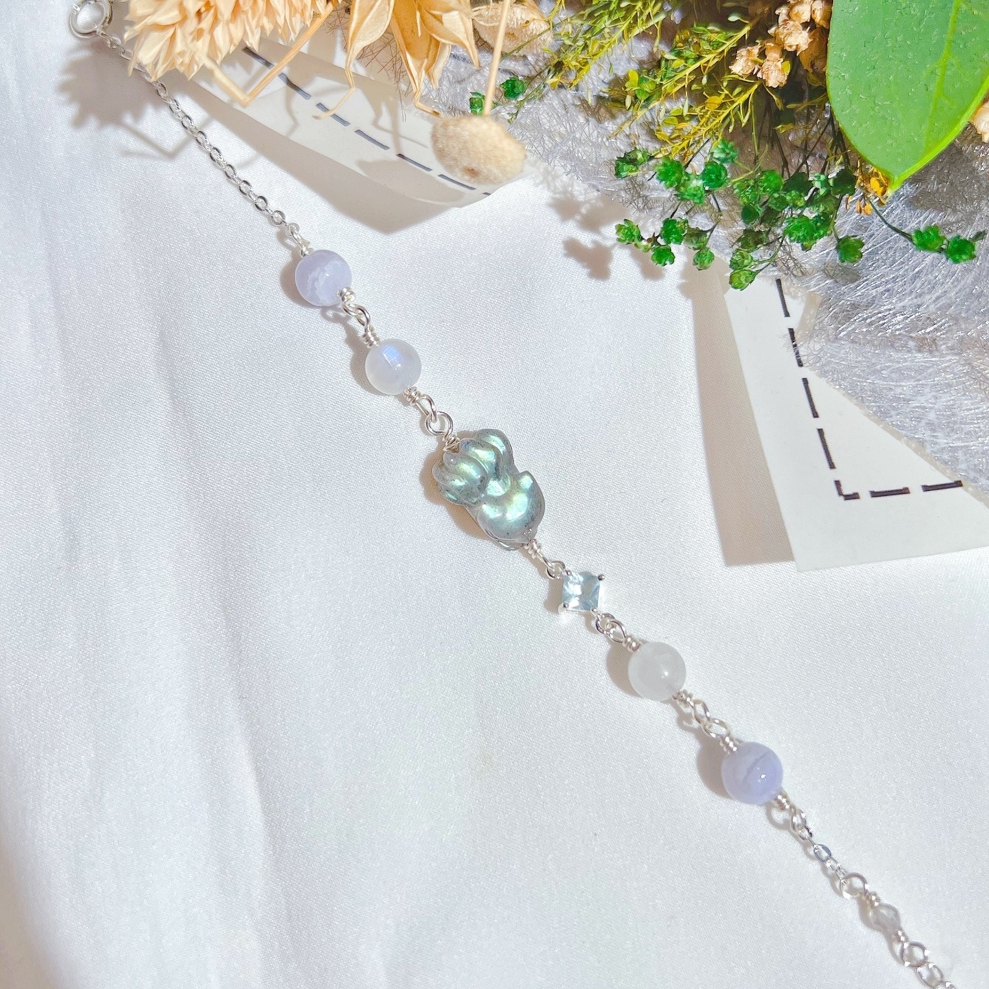 Labradorite Nine Tailed Fox + Moonstone + Blue Lace Agate
