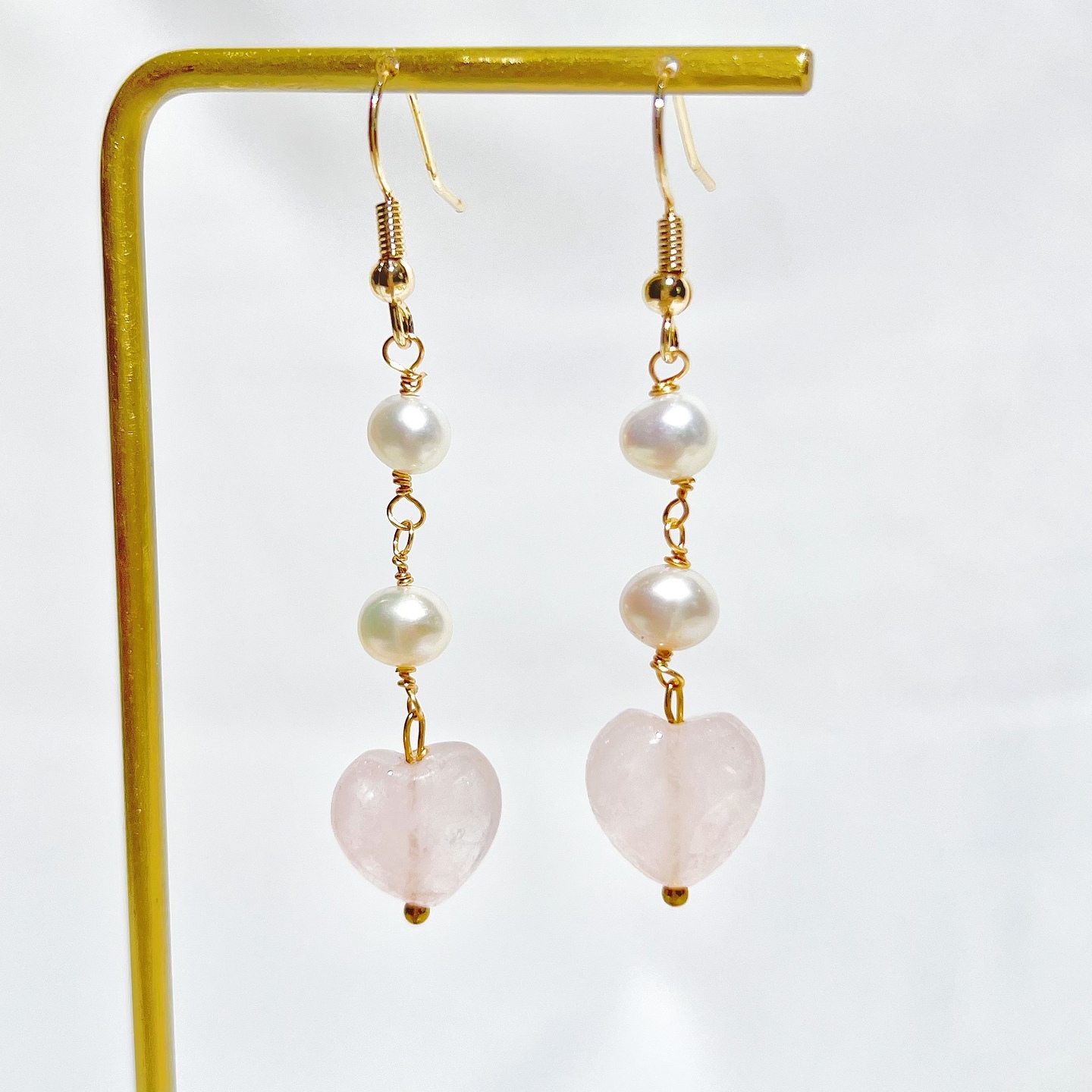 Rose Quartz Heart + Freshwater Pearls Earrings