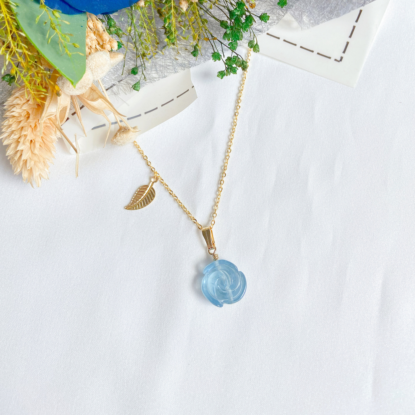 Aquamarine Rosa Necklace + Leaf Charm