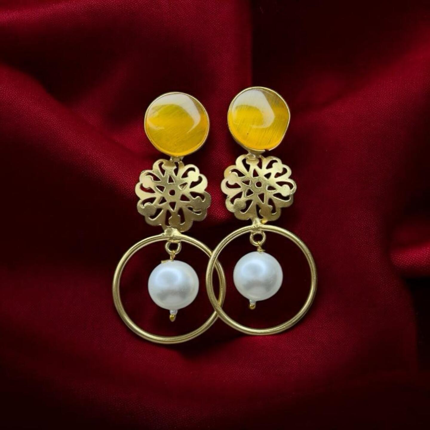 Stone & Brass Pearl Earrings