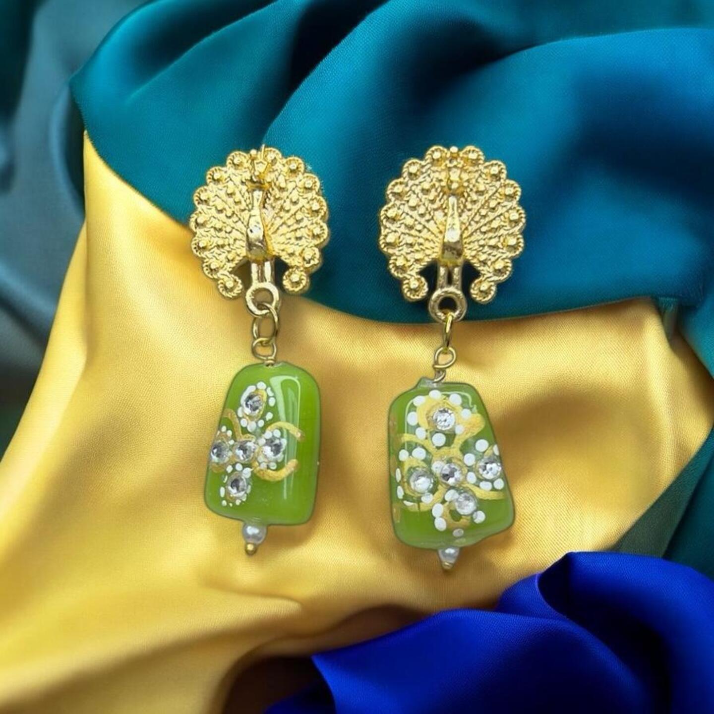 Tanjore hand painted peacock earrings