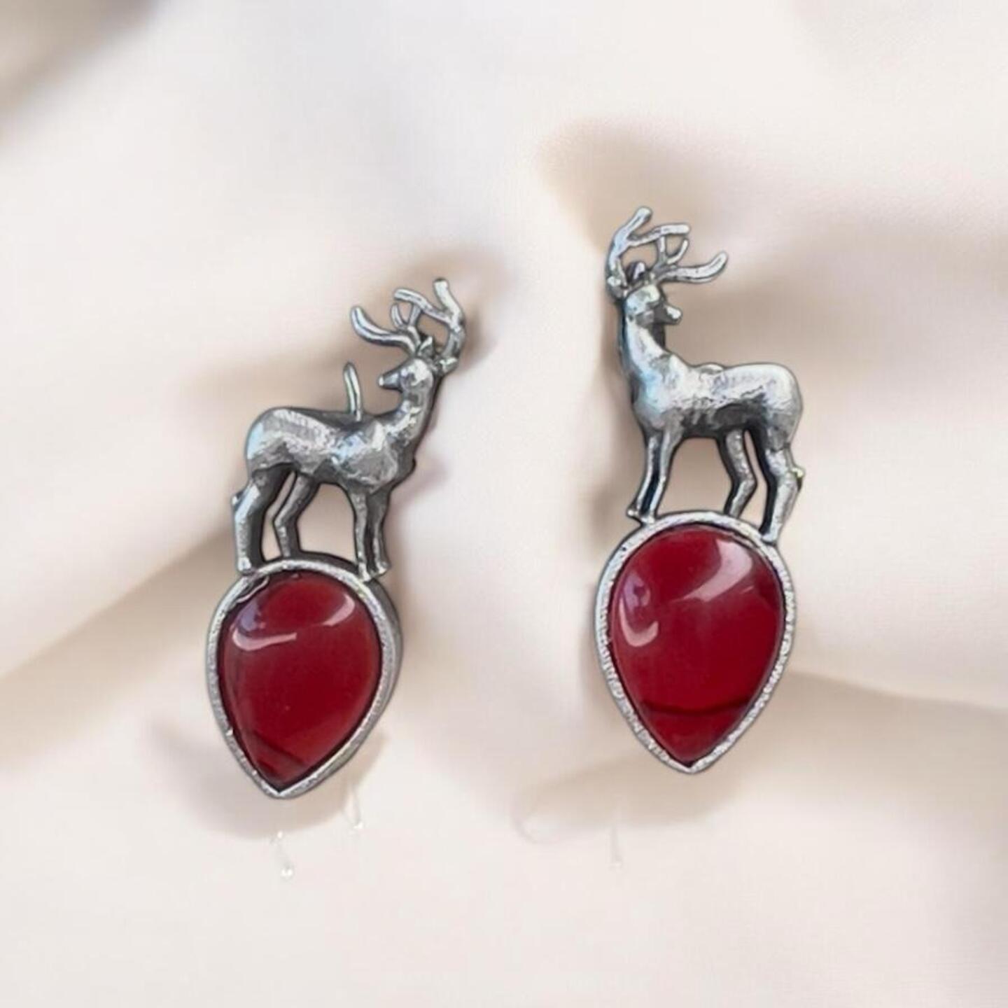 Silver oxidised deer earrings
