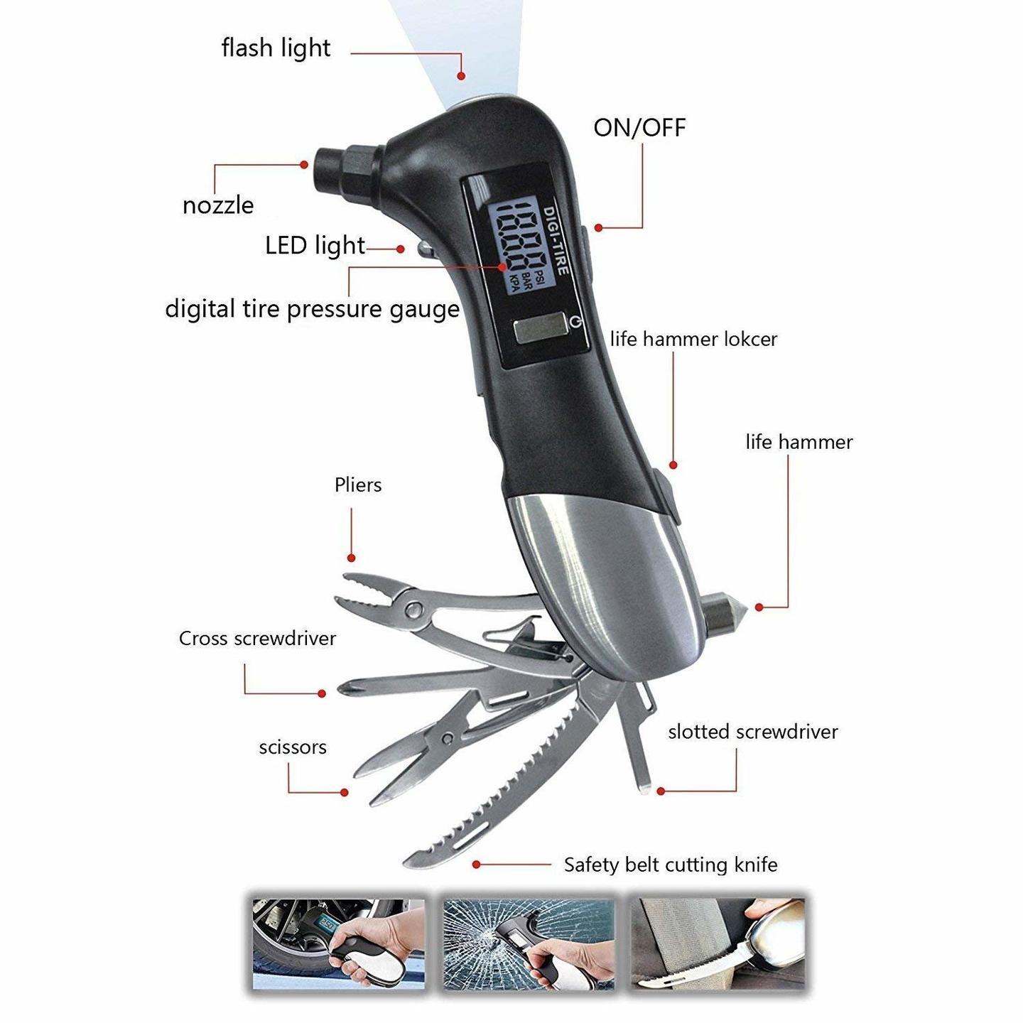9 in 1 Auto Car Emergency Tool with Digital Tire Tyre Gauge