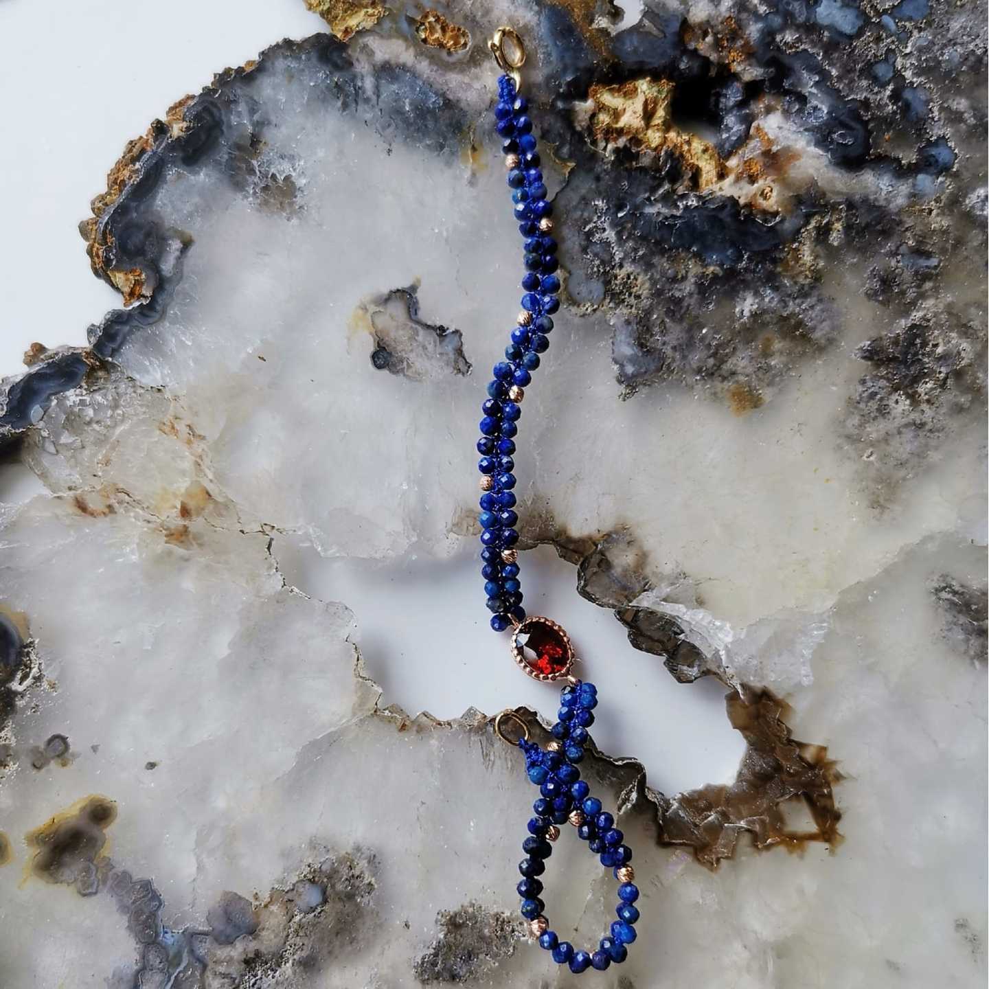 18K Rose Gold Garnet Charm Double-Strand Lapis Beaded Bracelet