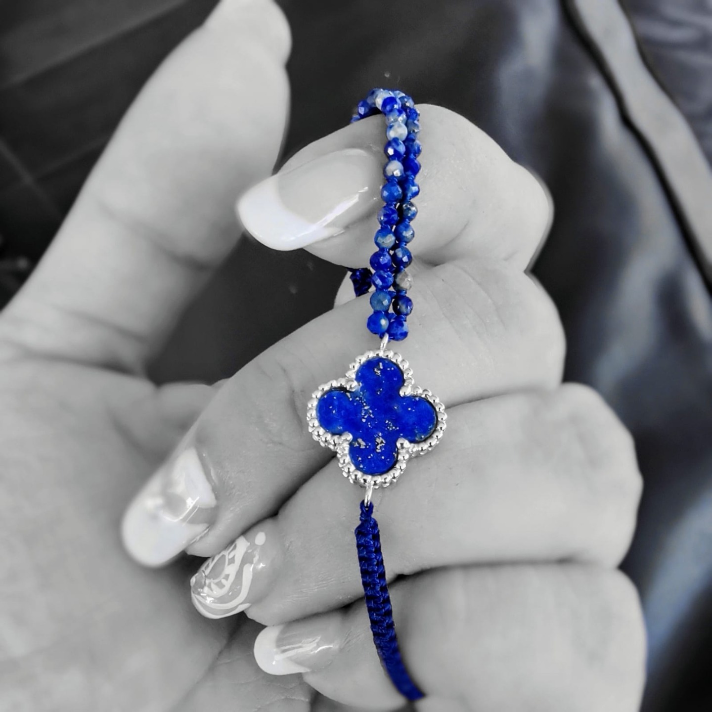 18K White Gold Special Clover Lapis Charm Duo Bracelet
