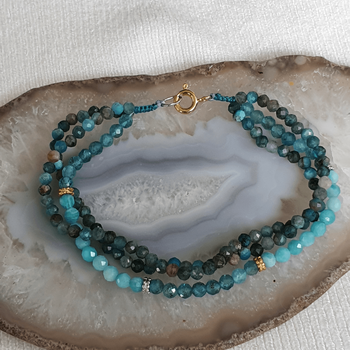 18K Yellow and White Gold Triple-Strand Apatite Amazonite Bracelet