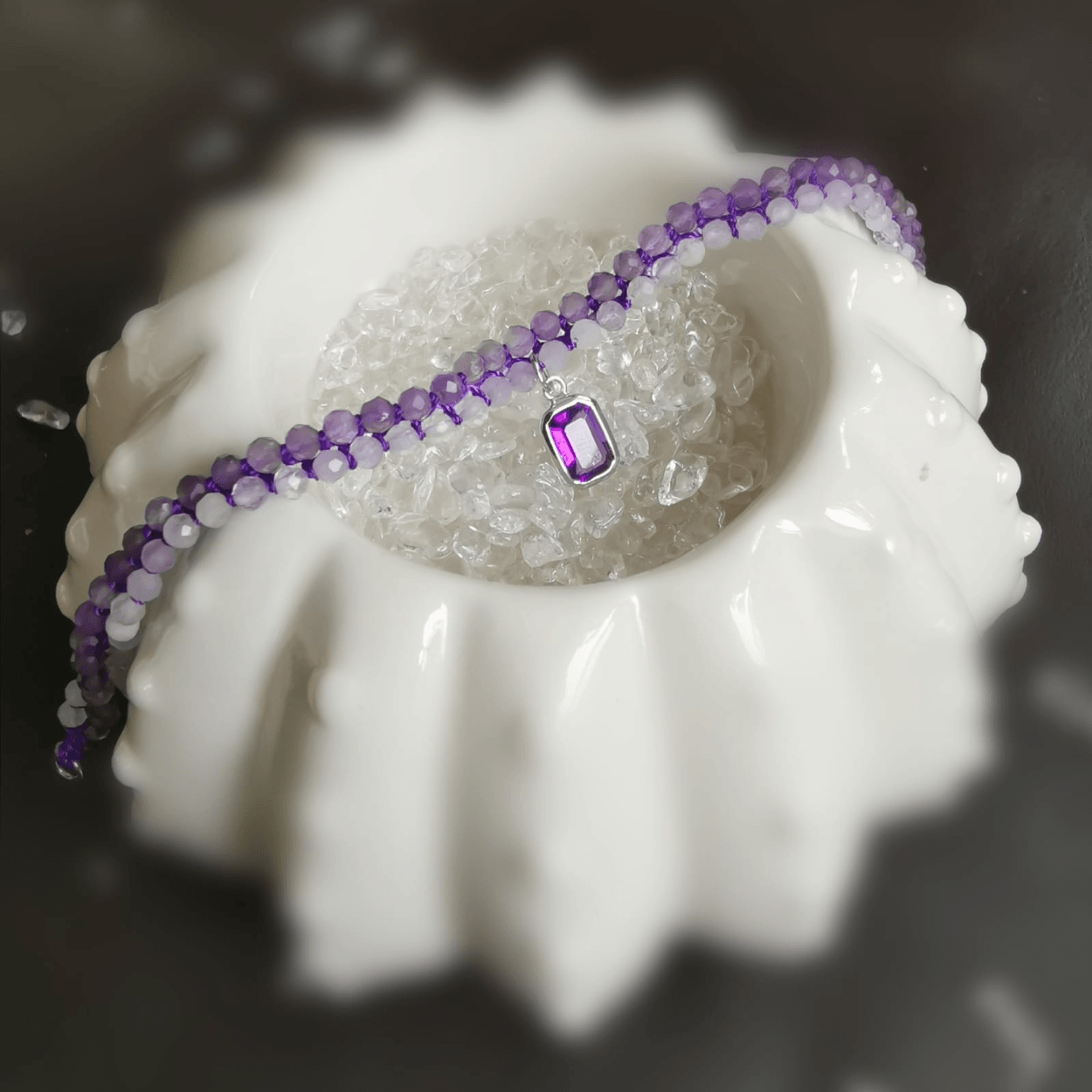 18K White Gold Amethyst Charm with Double-Strand Amethyst Beaded Bracelet