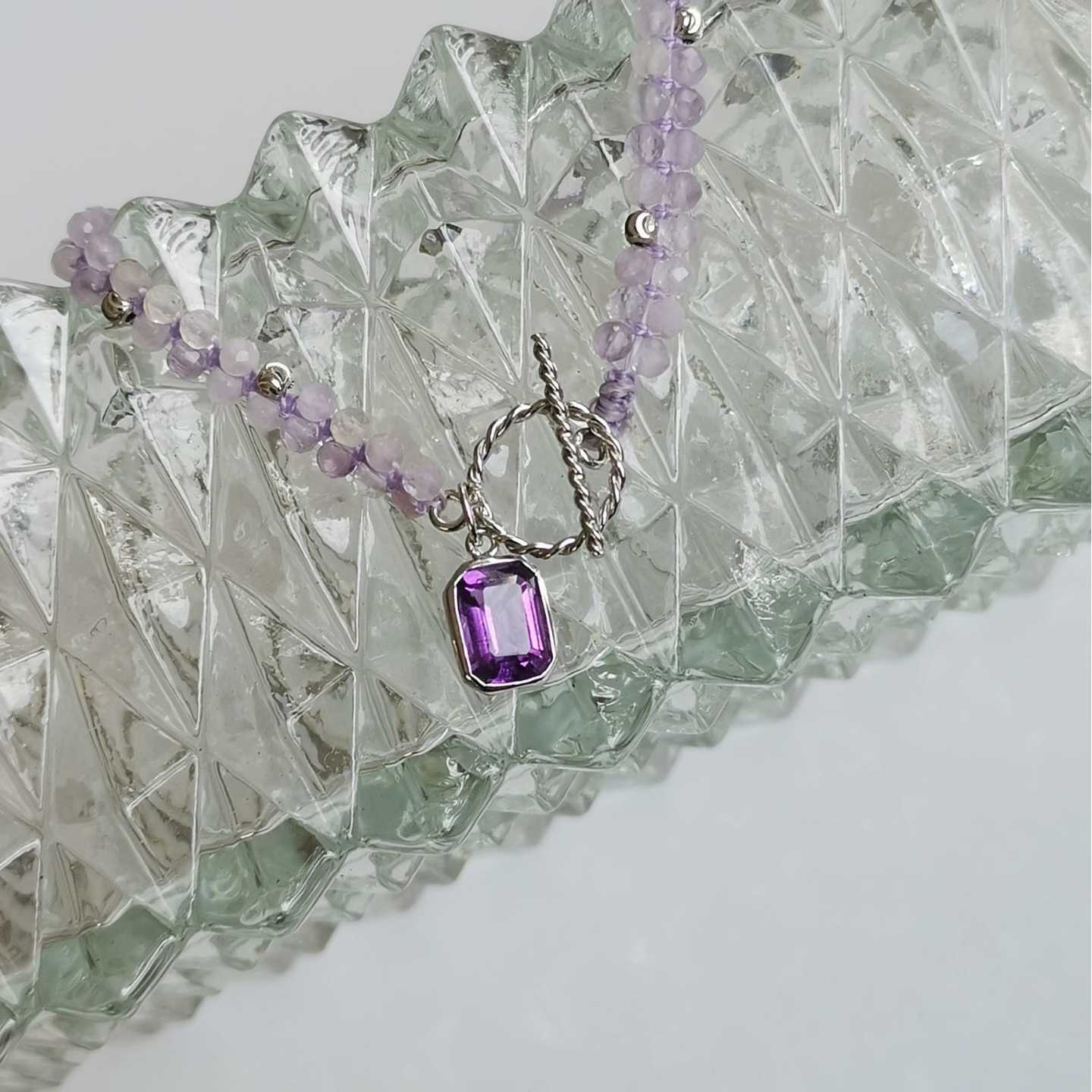 18K White Gold Amethyst Charm with Double-Strand Lavender Amethyst Beaded Bracelet