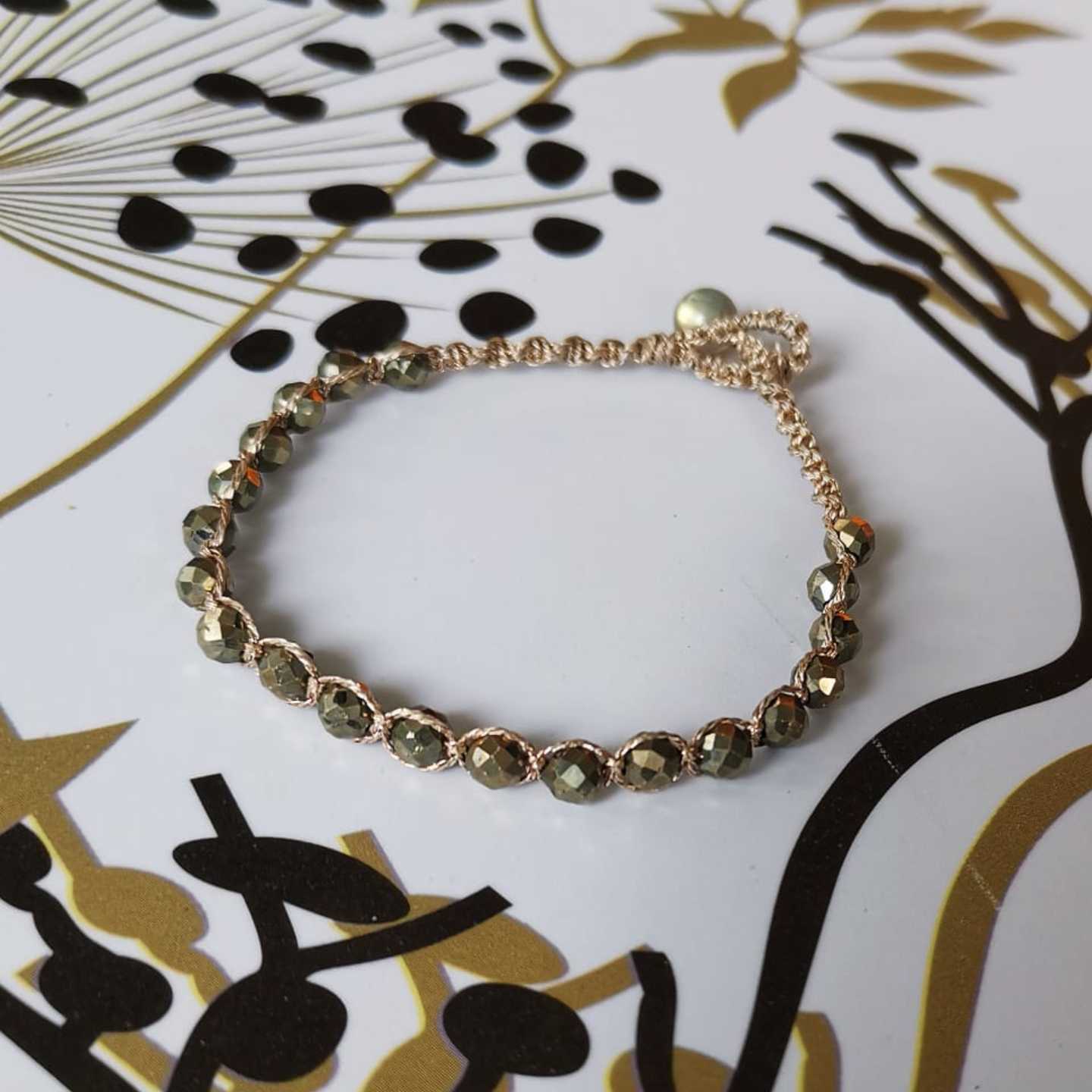 Pyrite Beaded Bracelet with Bronze Glitter Thread