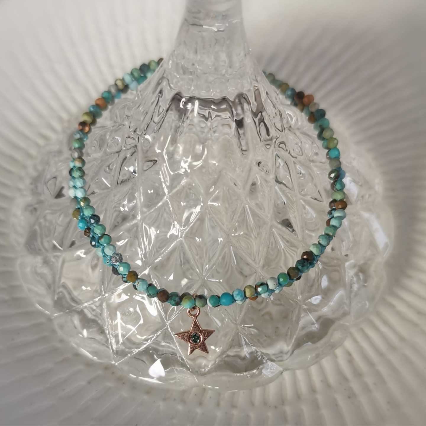 18K Yellow Gold Star Diamond Charm Chrysocolla Beaded Bracelet
