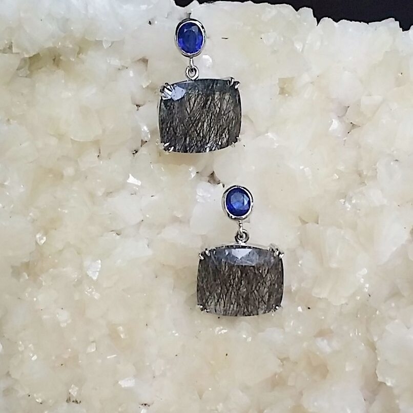 18KWG Sapphire Rutilated Quartz Earrings