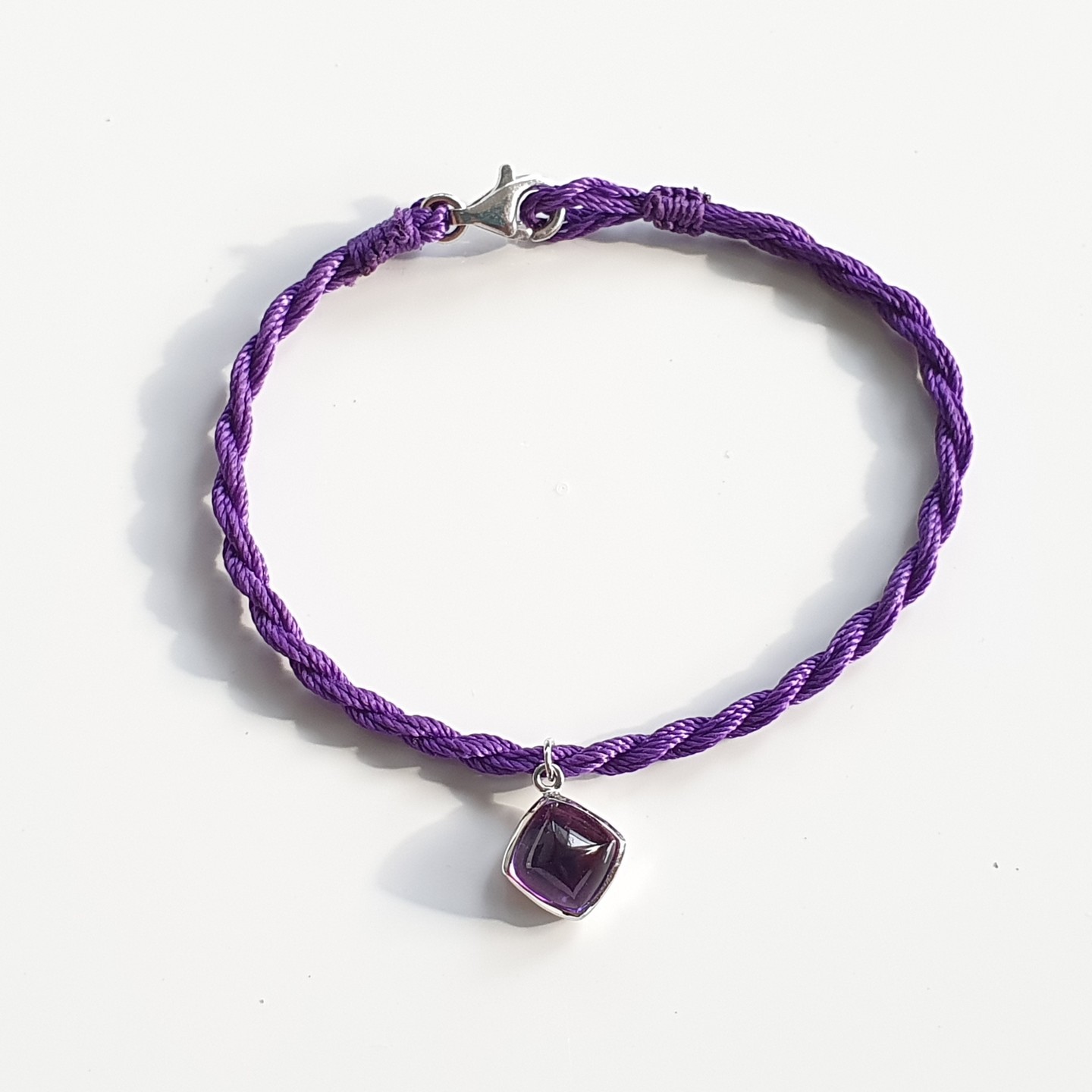 18K White Gold Amethyst Charm with matching Macramé Bracelet