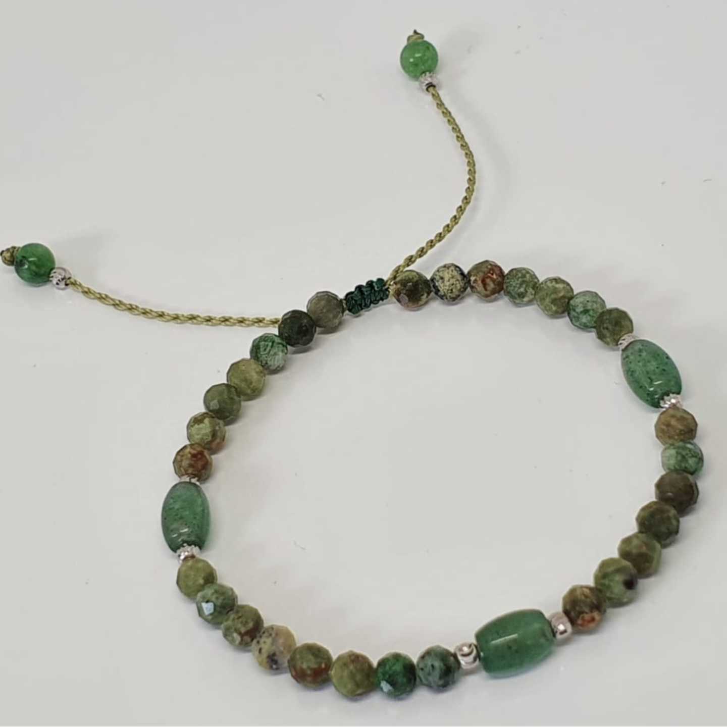 18K White Gold Aventurine Barrier and Green Opal Faceted Beaded Bracelet