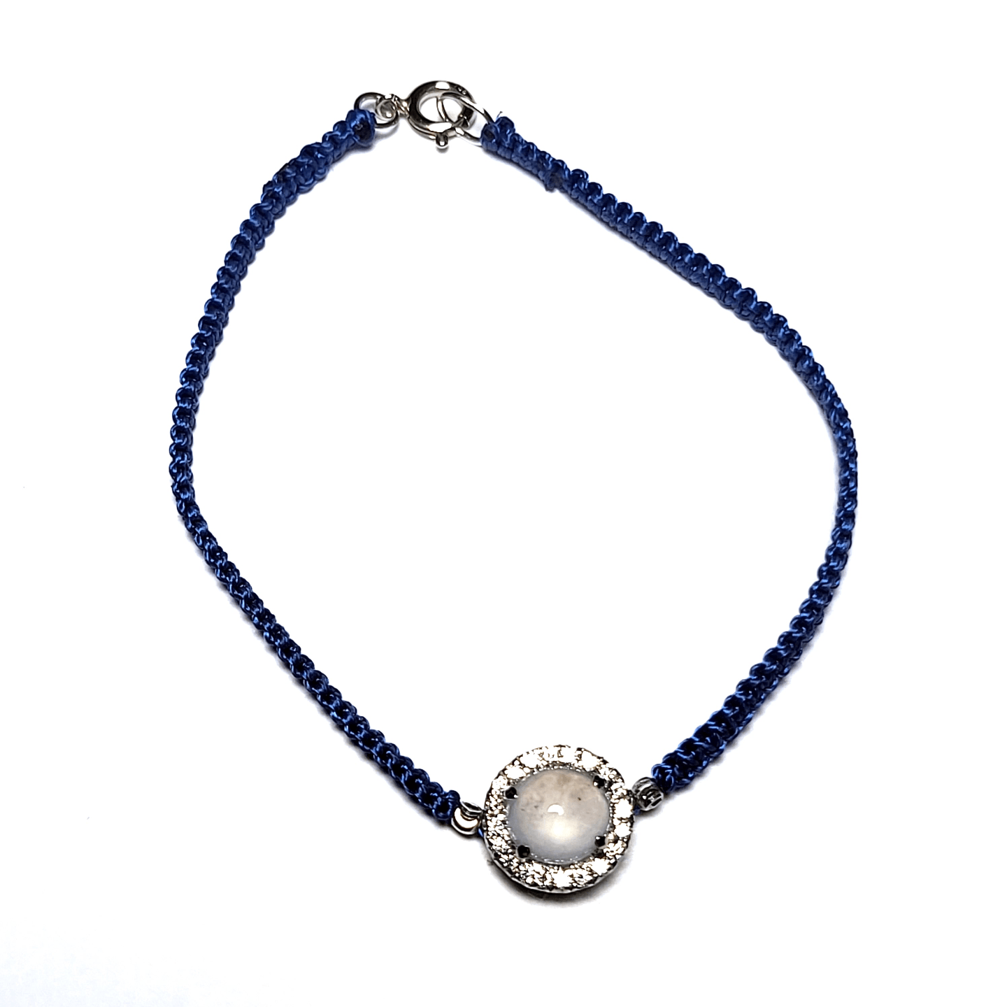  18K White Gold Icy Jade Diamond Charm Blue Macrame Bracelet