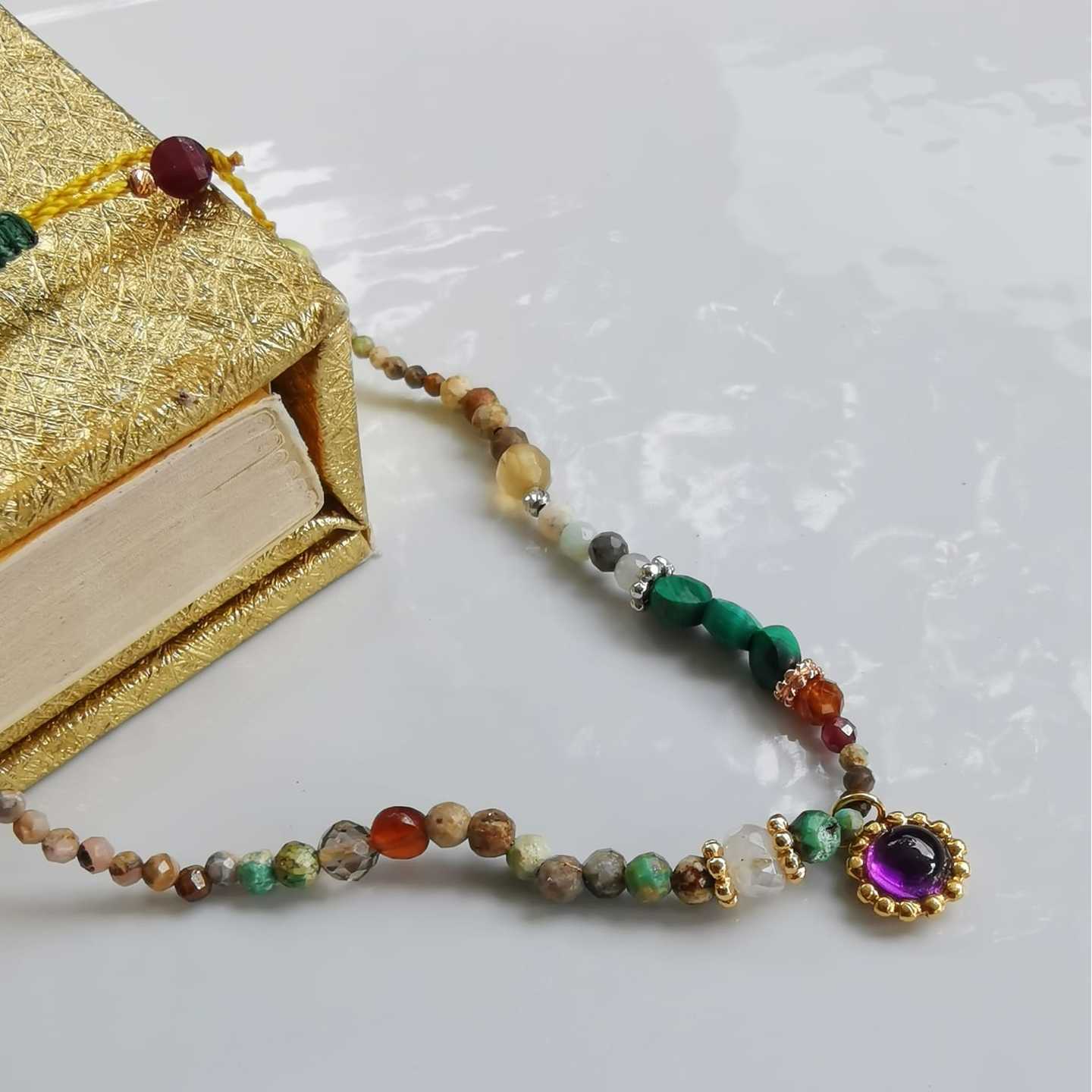 18K Yellow Gold Amethyst Charm with Potpourri Mixed Beads Bracelet
