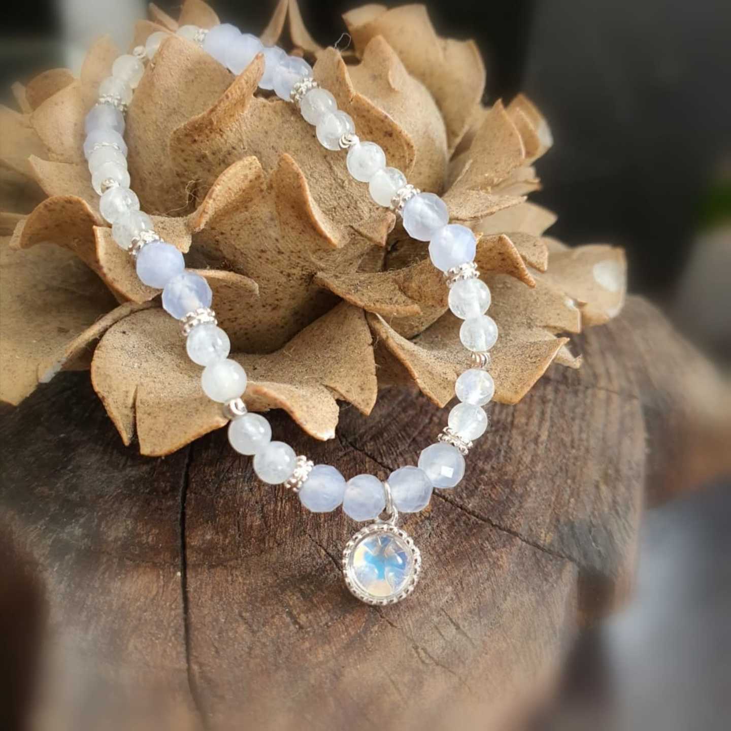 18K White Gold Moonstone Charm Beaded Bracelet