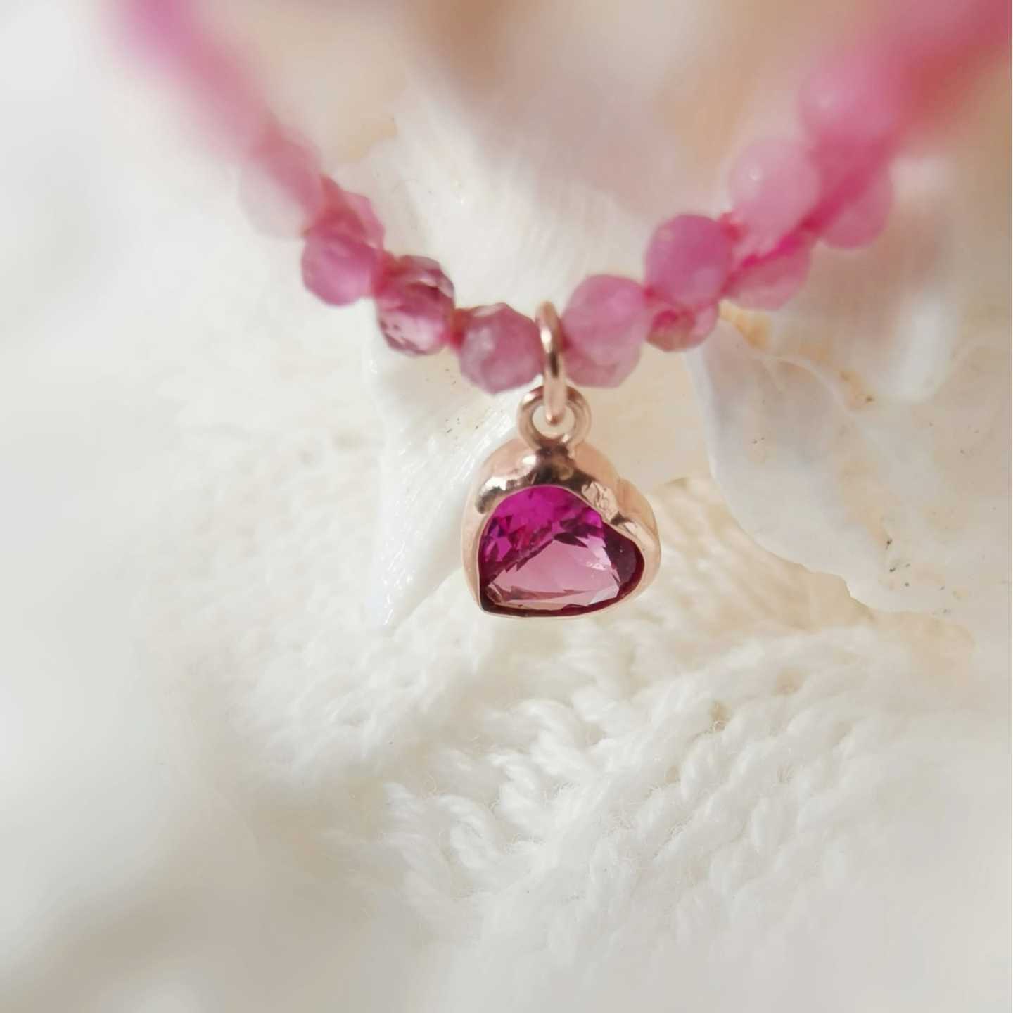 18K Yellow Gold Pink Sapphire Heart Charm with Double-Strand Pink Tourmaline Beaded Bracelet