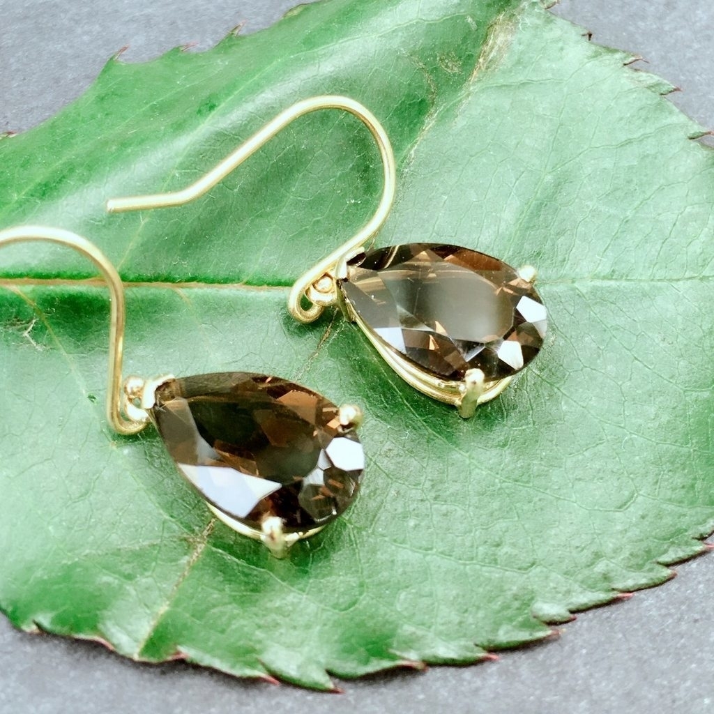 18K Yellow Gold Smoky Quartz Dangle Drop Earrings