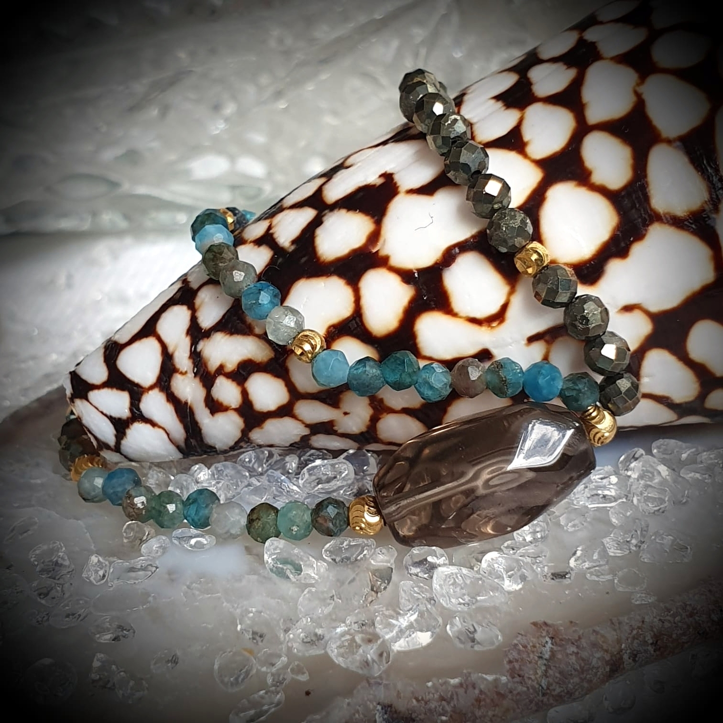 18K Yellow Gold Smoky Quartz Charm with Pyrite and Apatite Beaded Bracelet