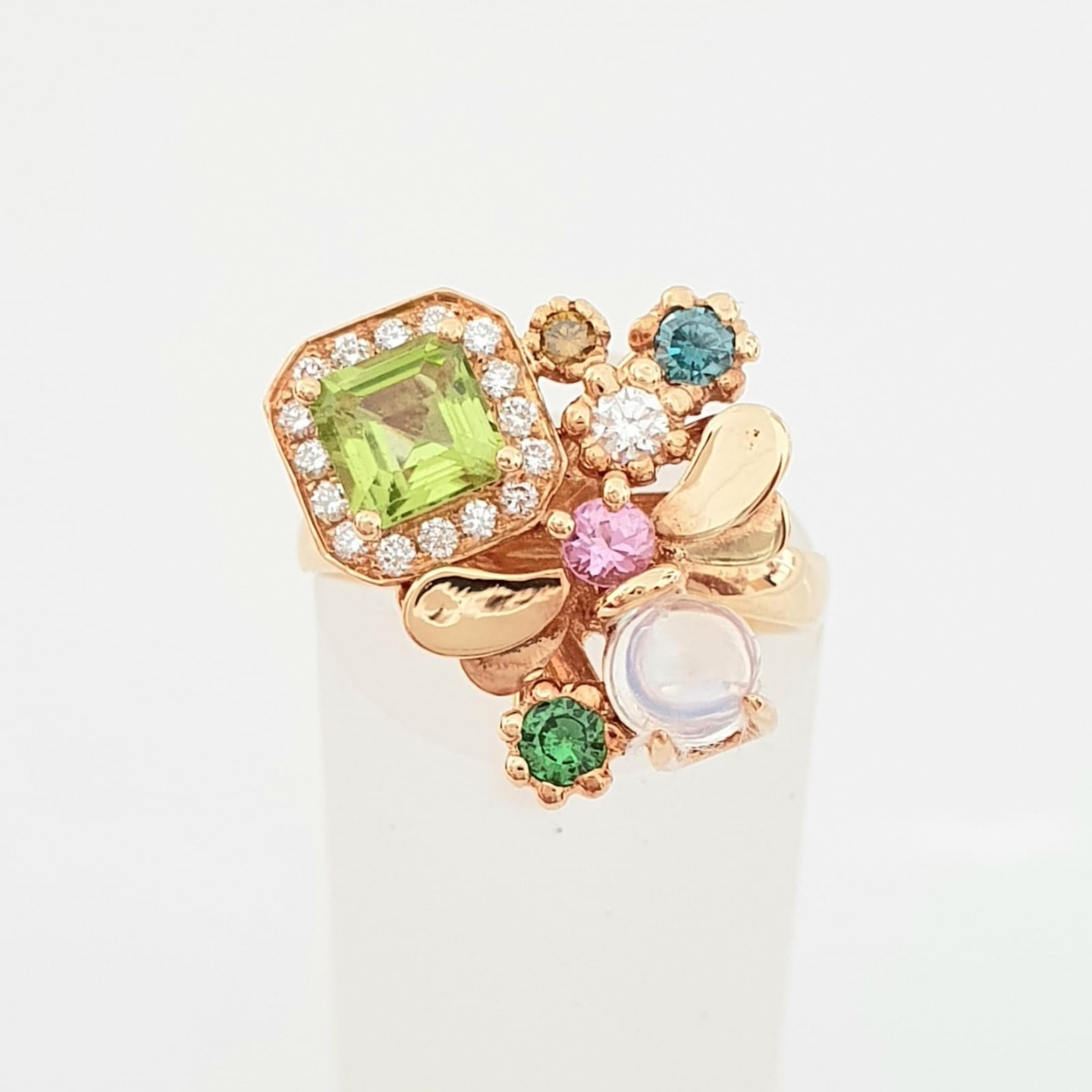 8K Yellow Gold Bespoke Garden Jewelry Art Ring Peridot Moonstone Pink Sapphire Blue Diamond Tsavorite
