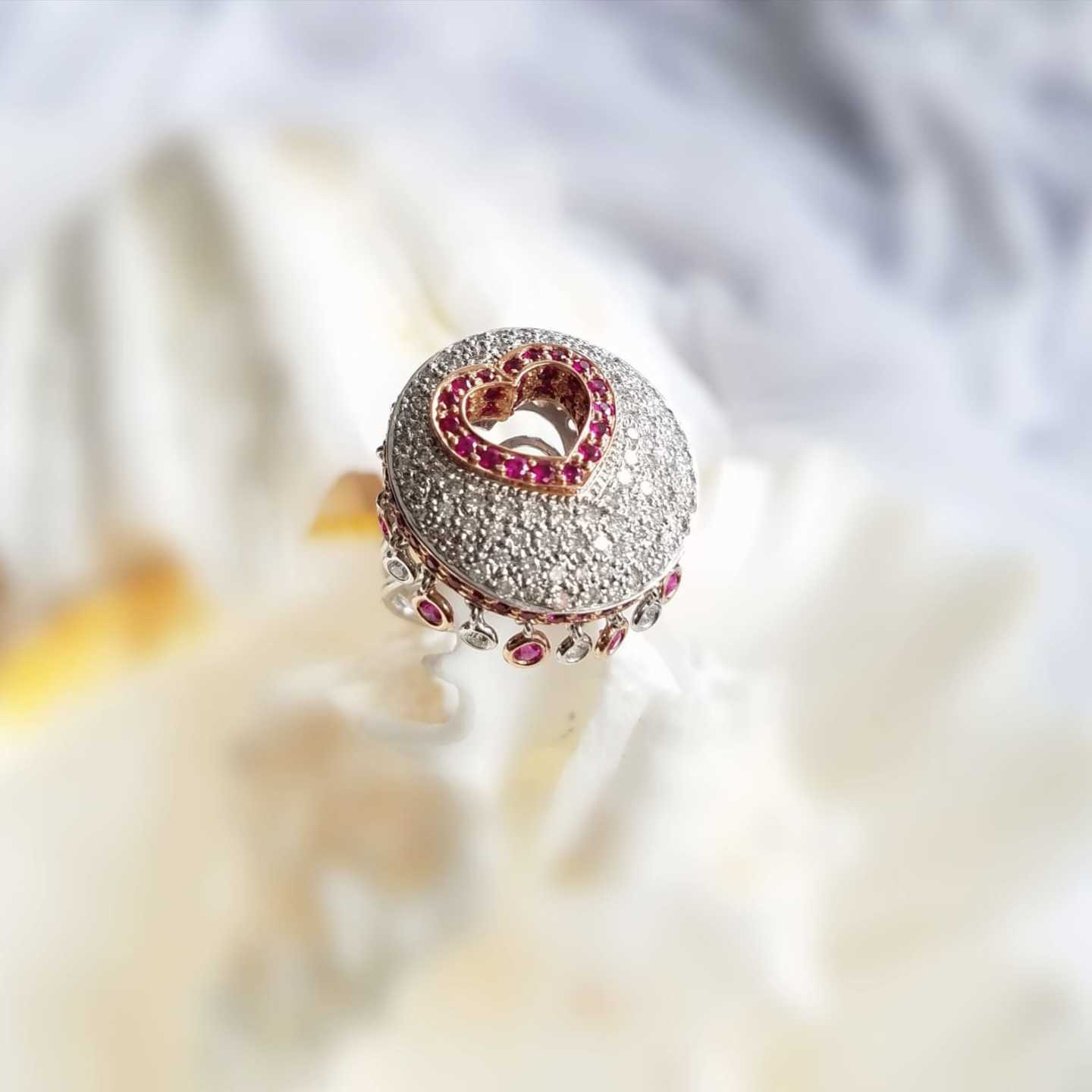 18K White Gold Whimsical Diamond Ruby Dangle Ring