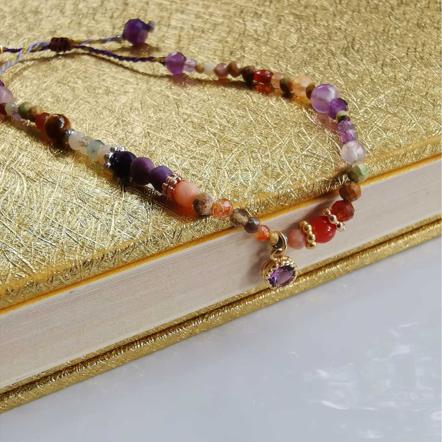 18K Yellow Gold Amethyst Charm with Potpourri Mixed Beads Bracelet