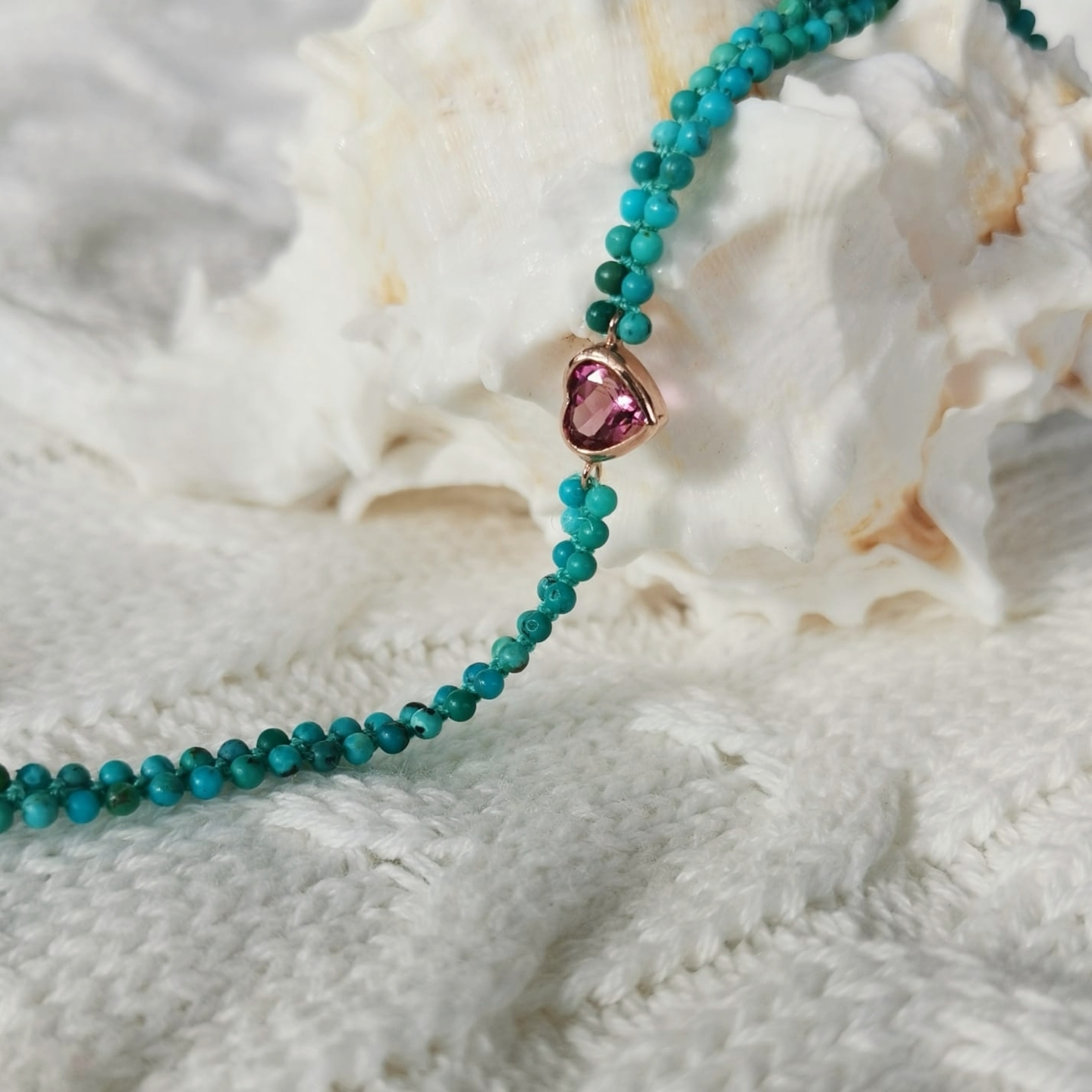 18K Yellow Gold Pink Sapphire Heart Charm with Double-Strand Turquoise Beaded Bracelet