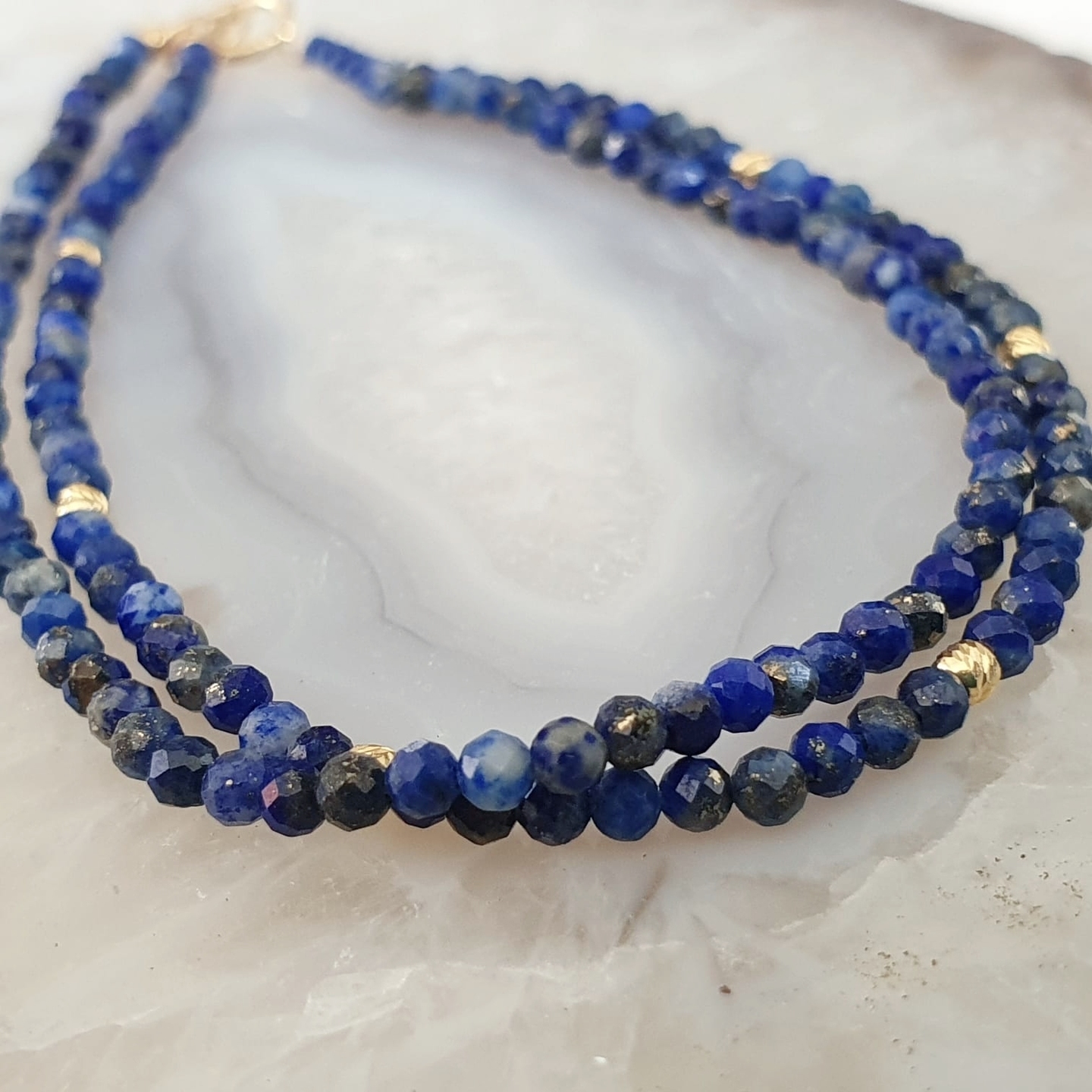 18K Yellow Gold Double-Strand Lapis Beaded Bracelet