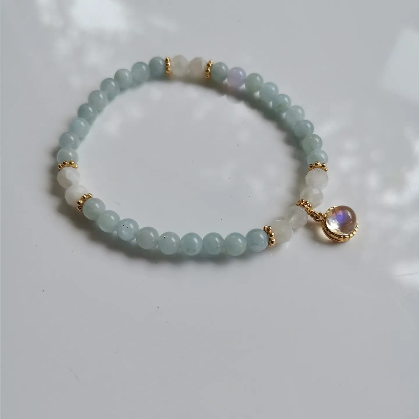 18K Yellow Gold Moonstone Charm with Moonstone and Aquamarine Beaded Bracelet
