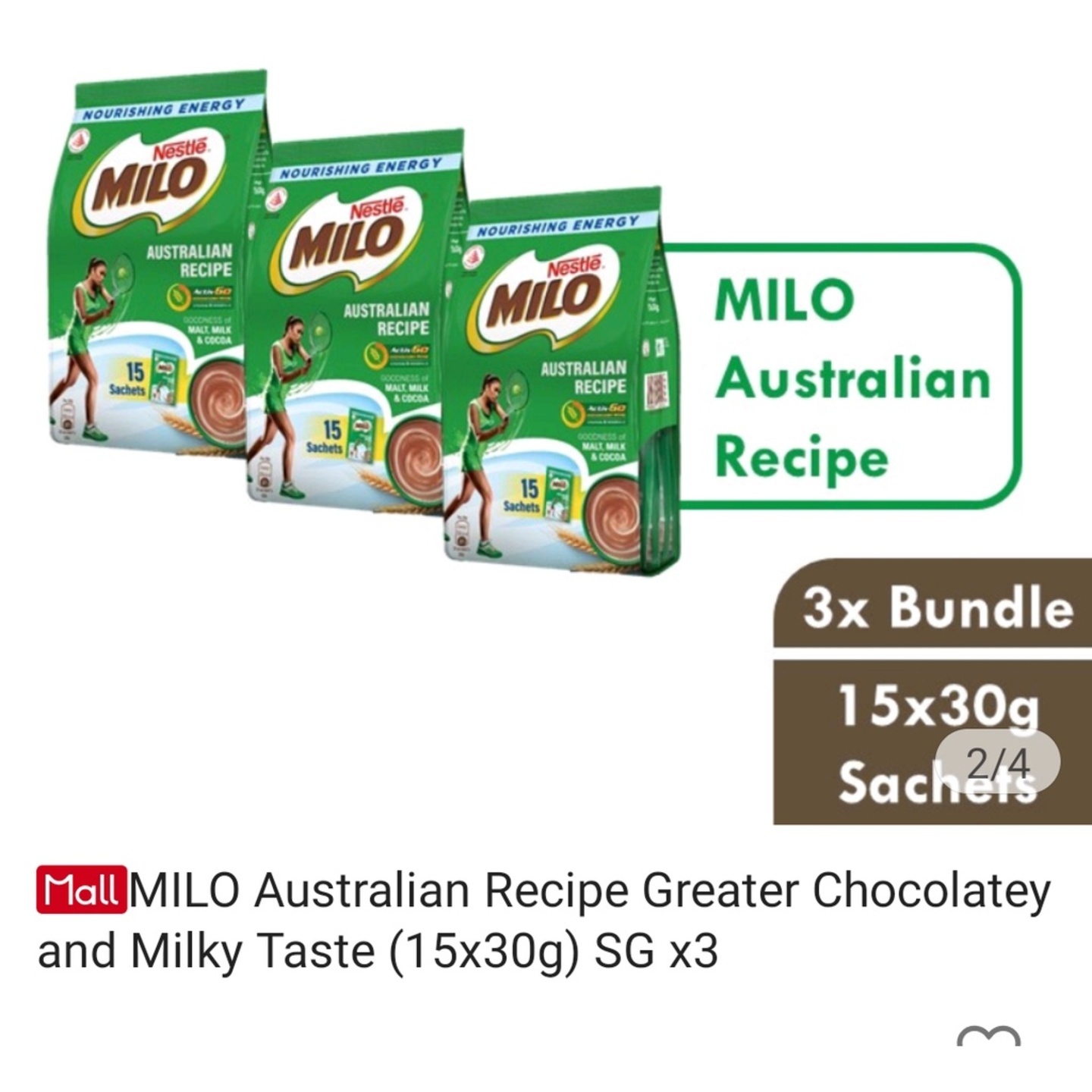 Milo Australian Recipe  Greater Chocolatery Milky Taste 15x30g x 3