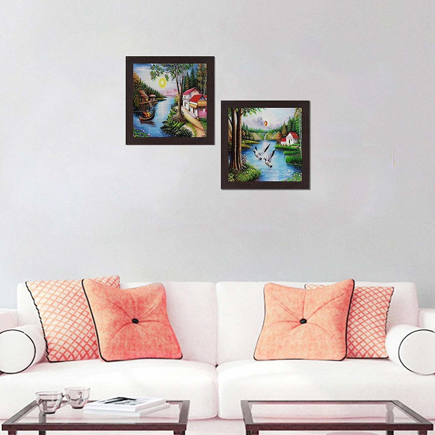 Set of 2 Wall Hanging Paintings - Village Lake View