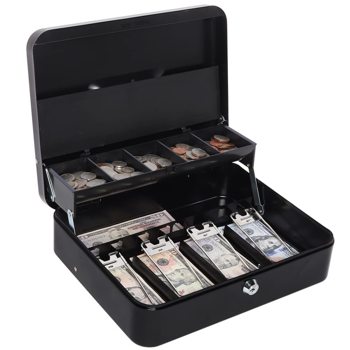Heavy Metal Cash Box with Safe Key, 5 Coin Slots and 4 Cash Clips