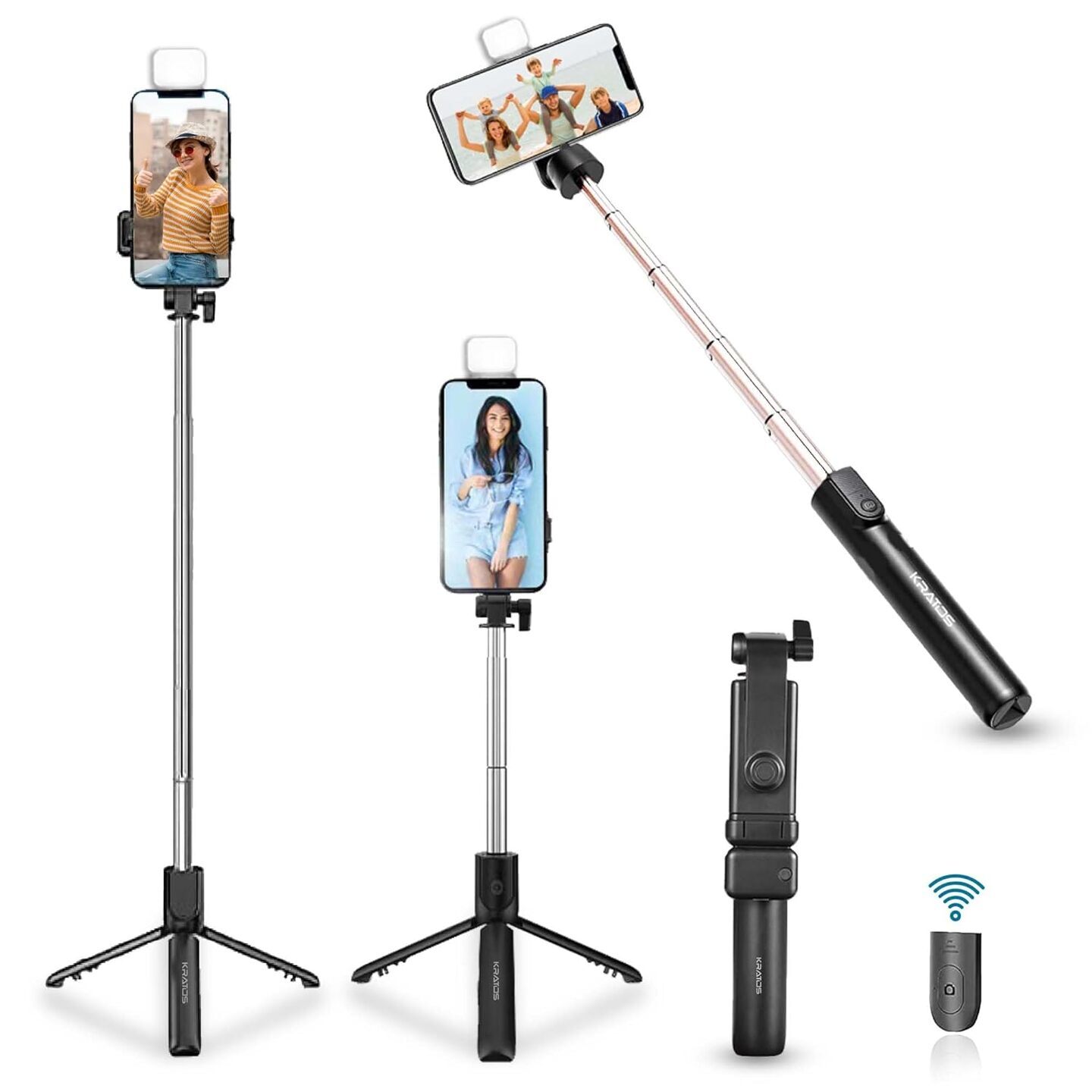 Premium Selfie stick with inbuilt rechargeable LED light, remote control and Tripod