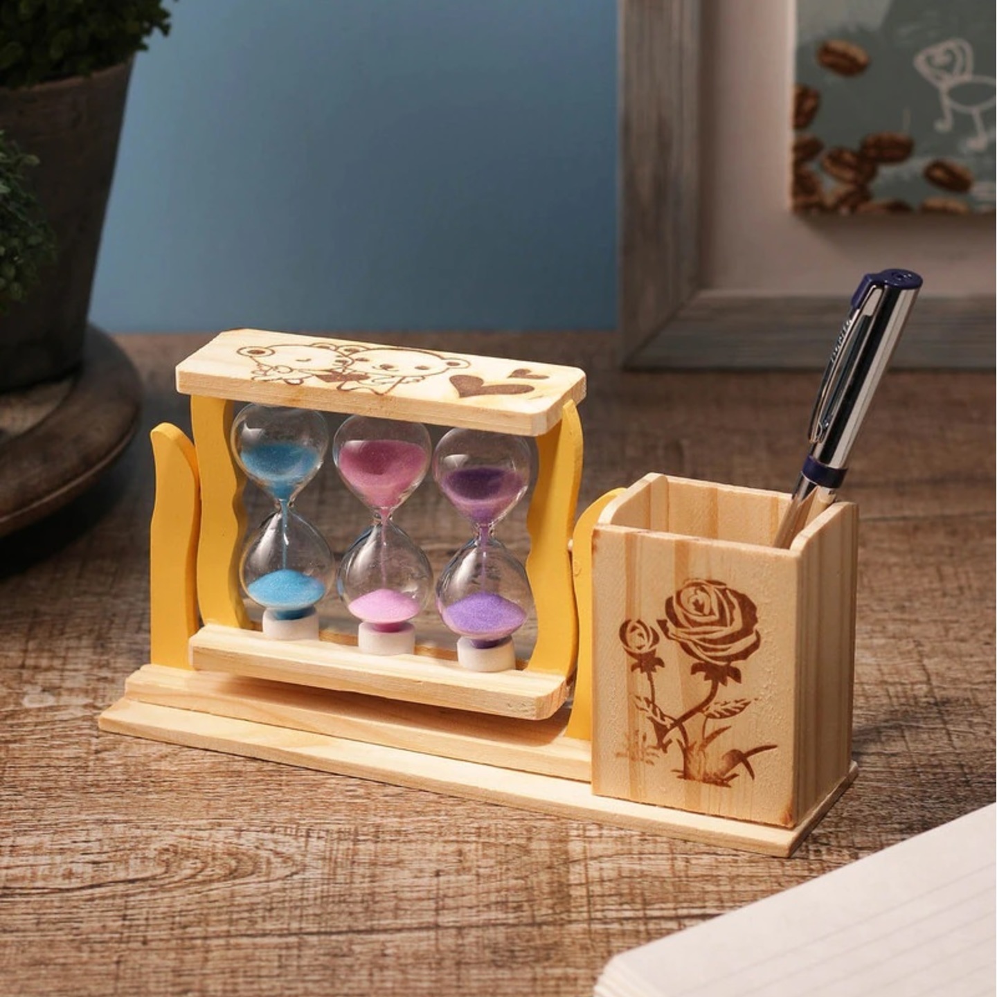 Brown Wood Sand Timers with Pen Stand