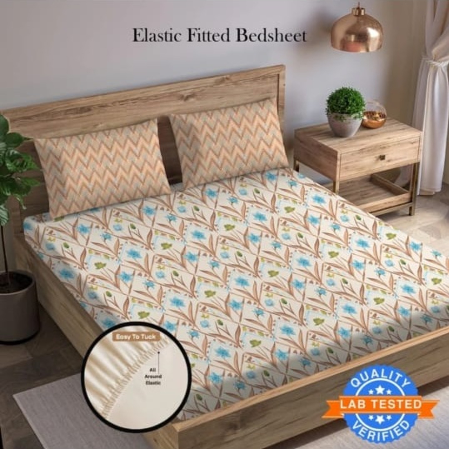 Arvind 144 TC Cotton King Floral Fitted Elastic Bedsheet 21110-02