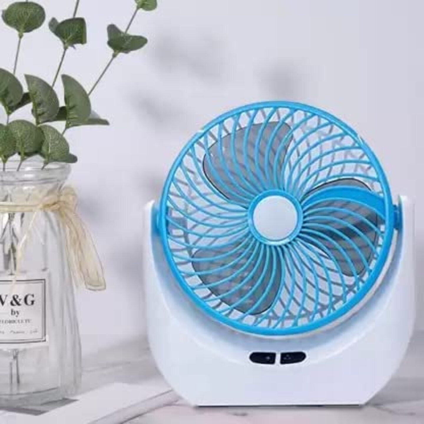 Powerful Rechargeable Table Fan with LED Light (Blue)
