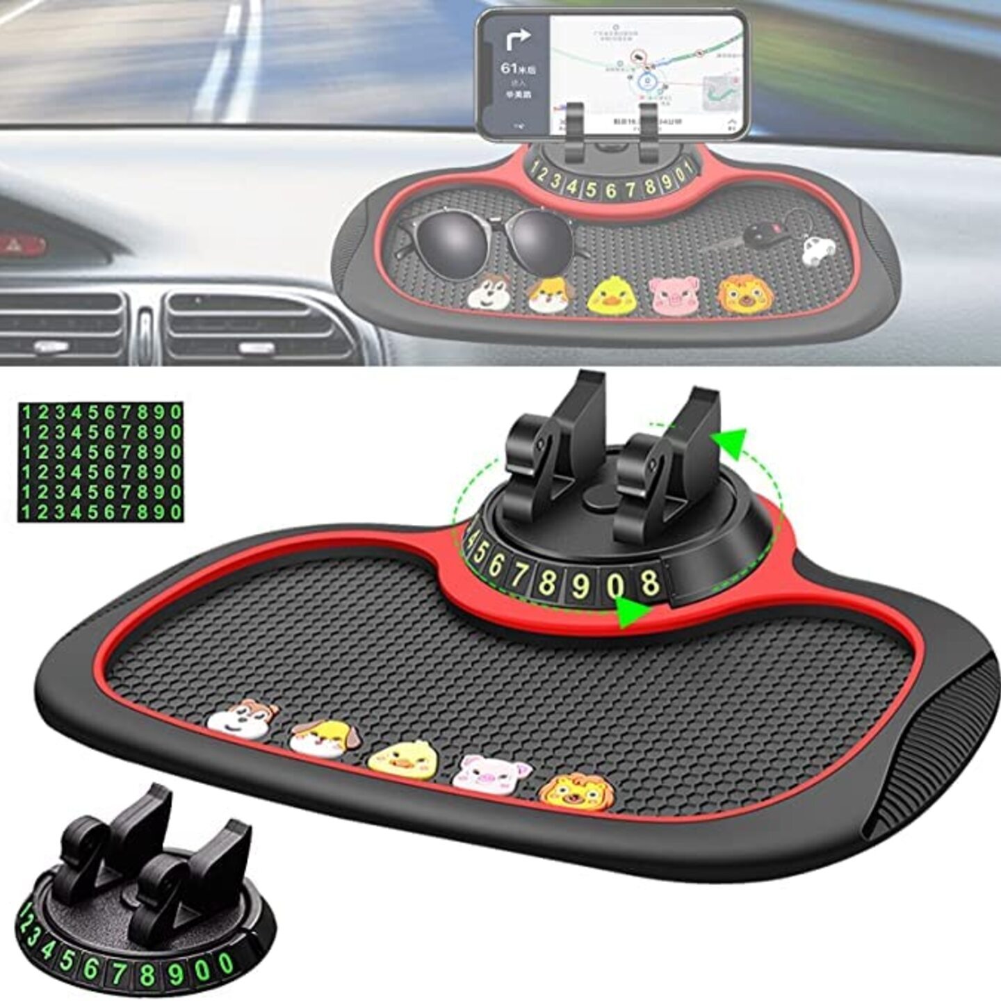 Anti-Slip Rubber Mat with Phone Holder for Car Dashboard - holds Sunglasses, Keys, Gadgets and more
