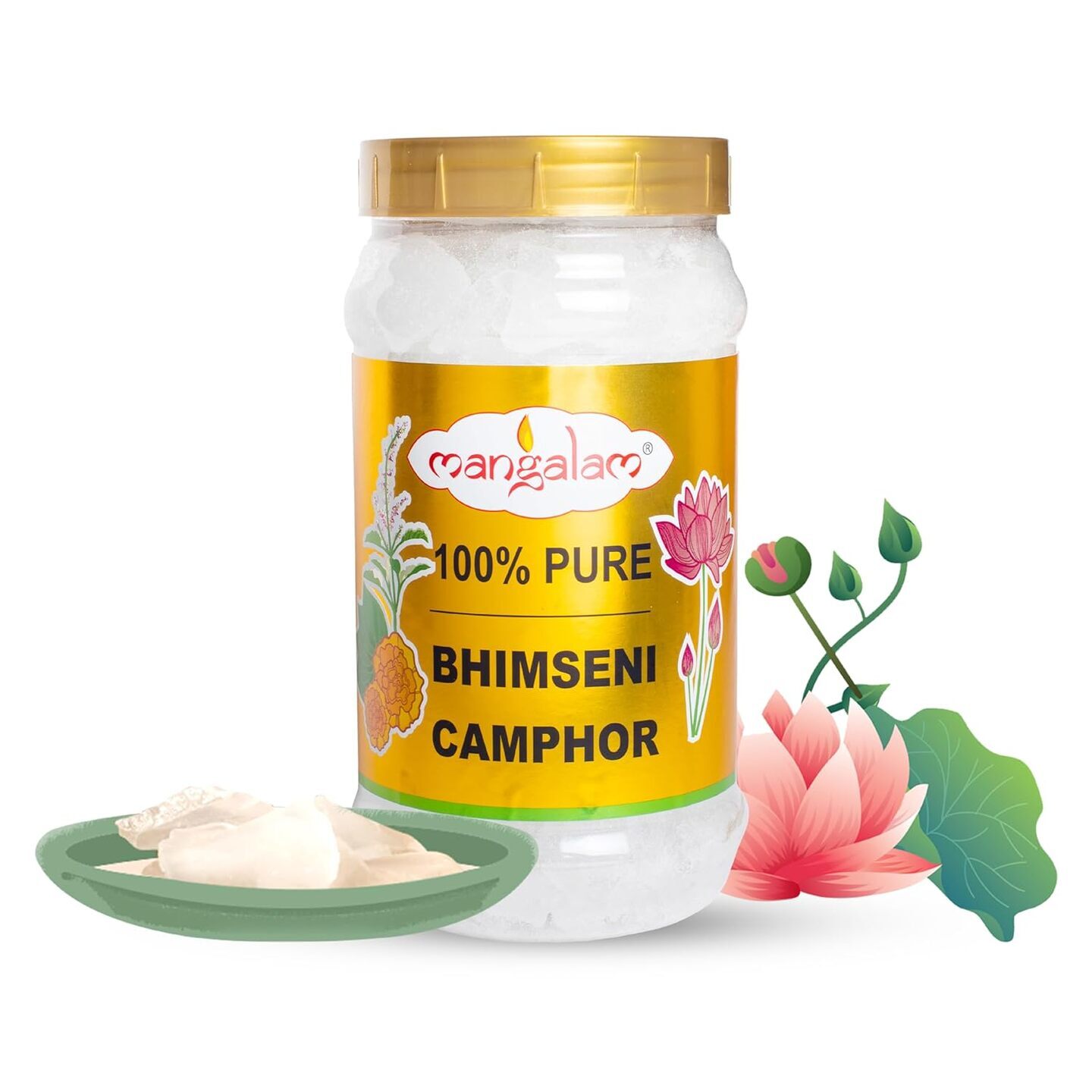 MANGALAM Bhimseni 100% Pure Organic Camphor / Kapoor (500 gram jar)