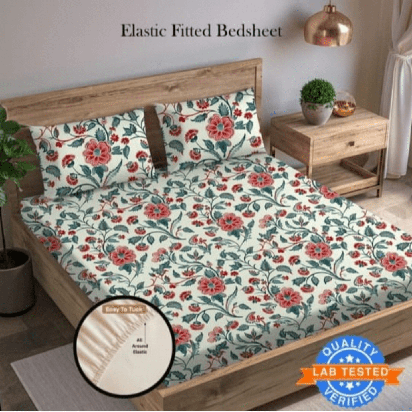 Arvind 120 TC Cotton King Floral Fitted Elastic Bedsheet 21118-01