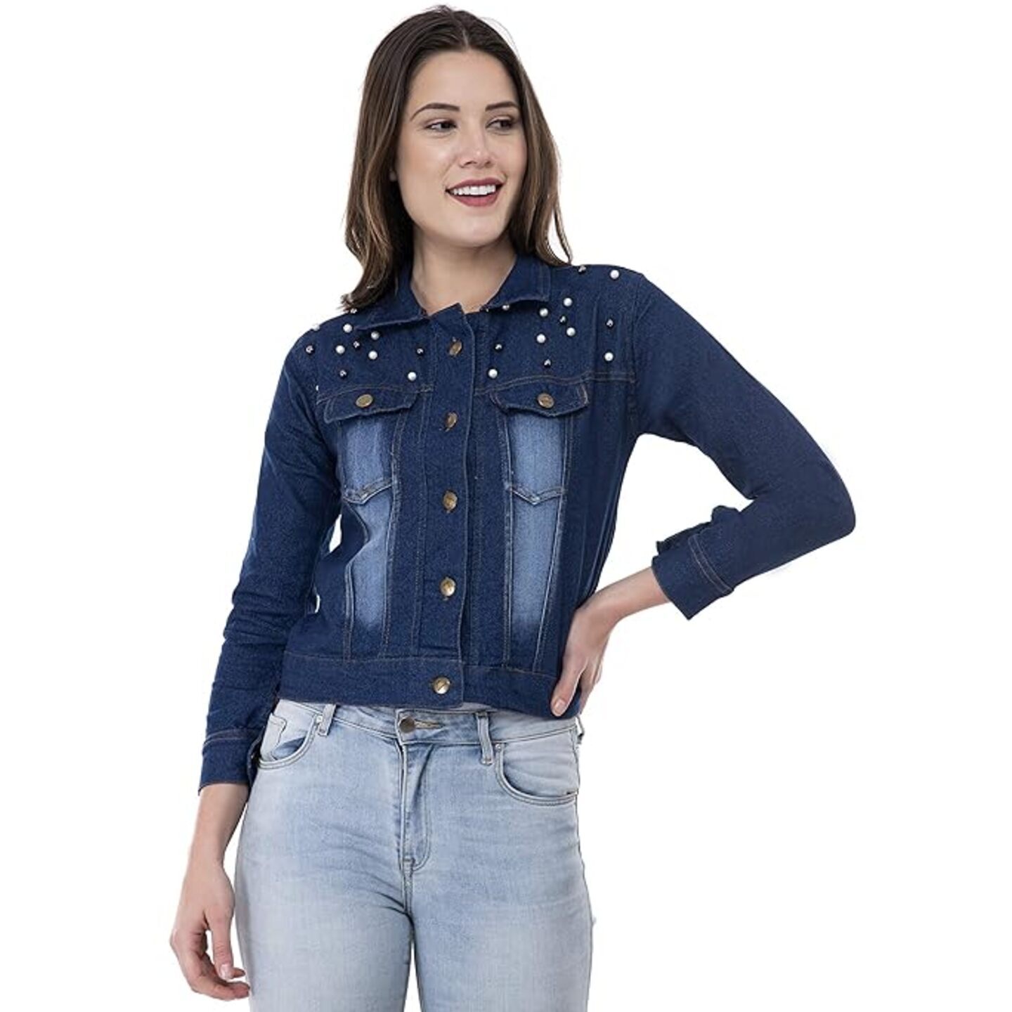 Womens Denim Jacket Crafted with Pearls