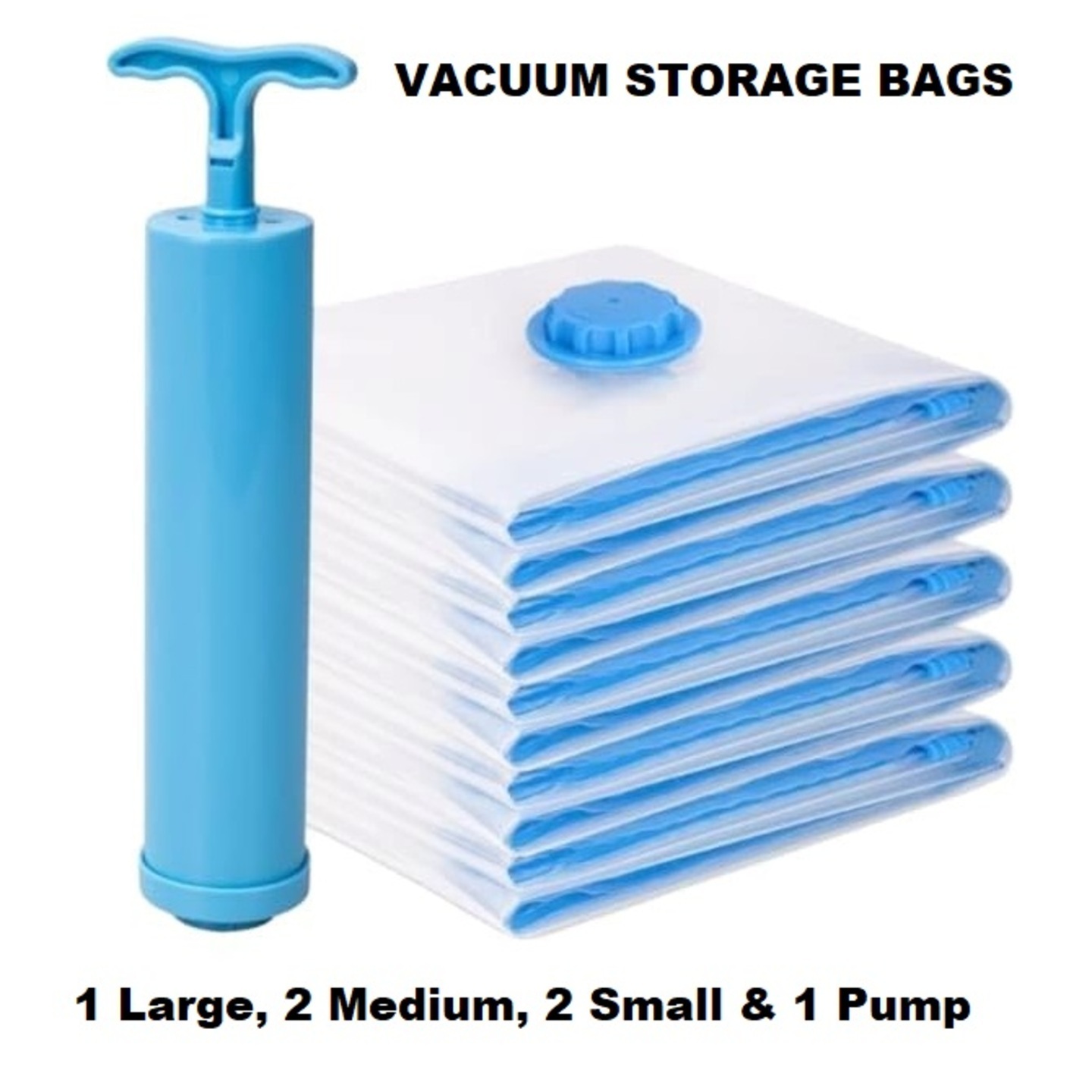 Vacuum Compression Storage Bags with Hand Pump (1 large, 2 Medium, 2 Small & 1 Pump)