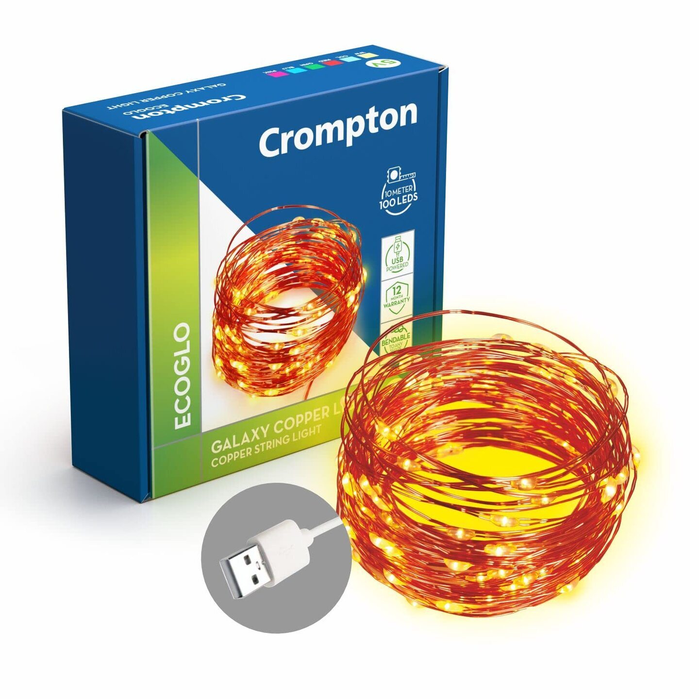 Crompton Galaxy Copper USB Powered String Fairy Lights (10 Meters - Warm White)