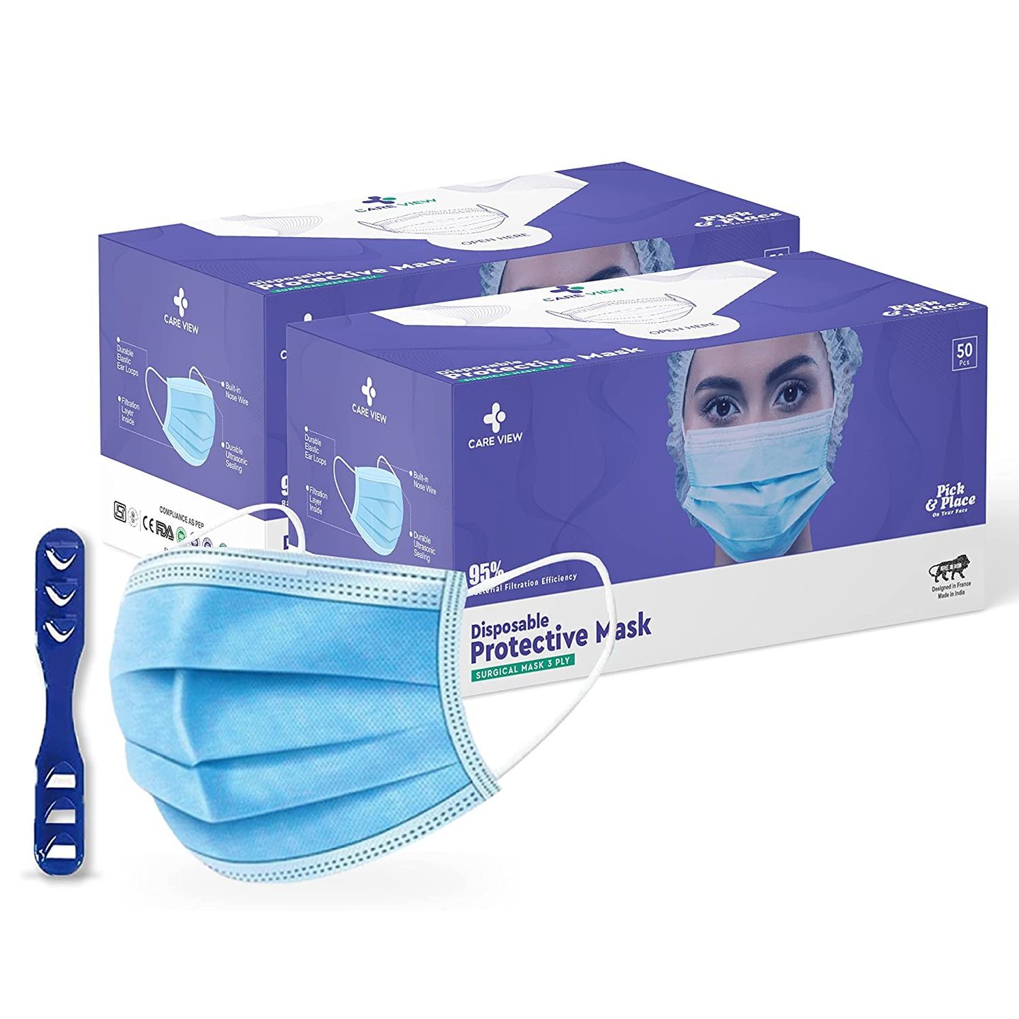 Care view SITRA Approved 3 Ply Disposable Surgical Mask with Built in Metal Nose Pin (Box of 50)