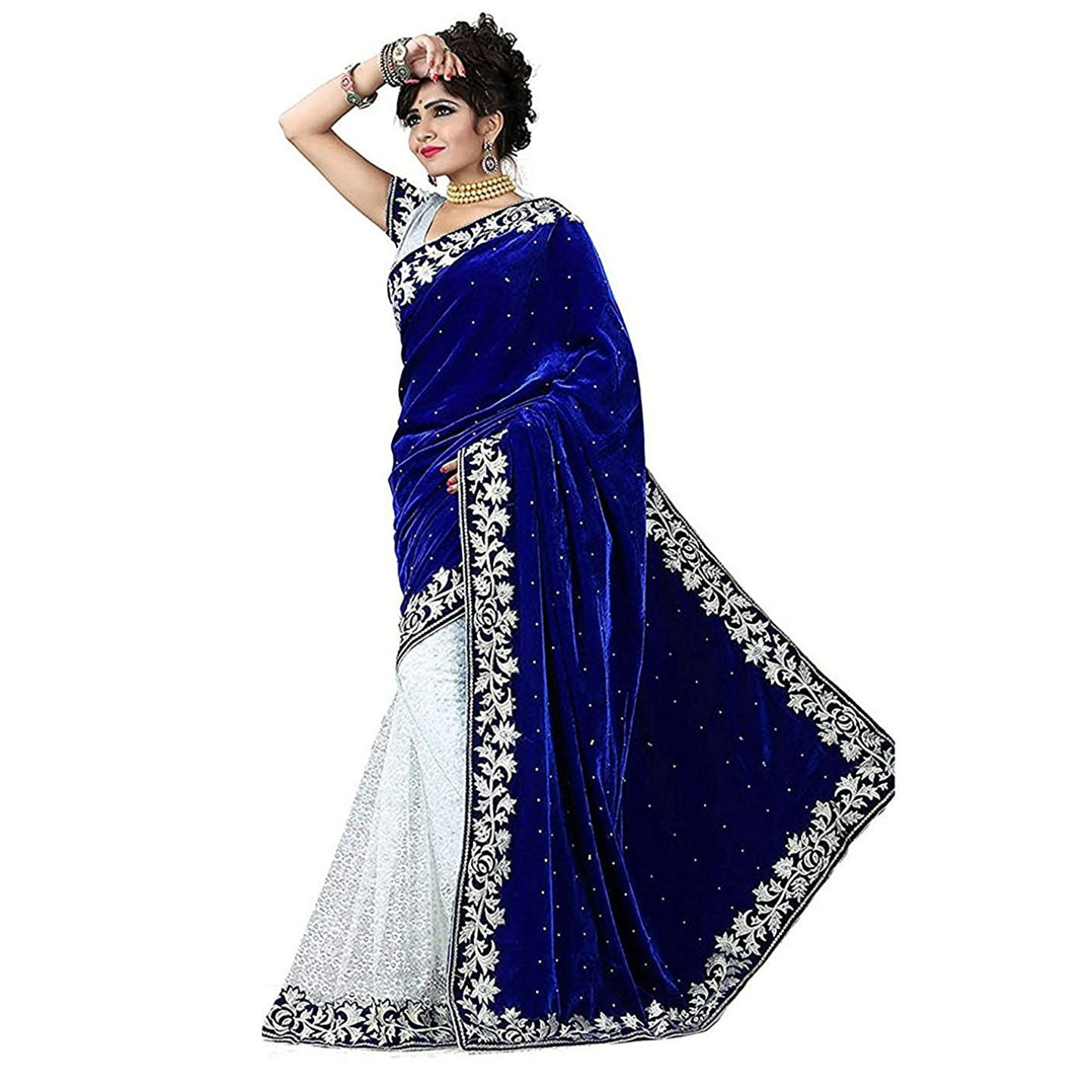 Womens Georgette  velvet Embroidery Saree with Blouse Piece