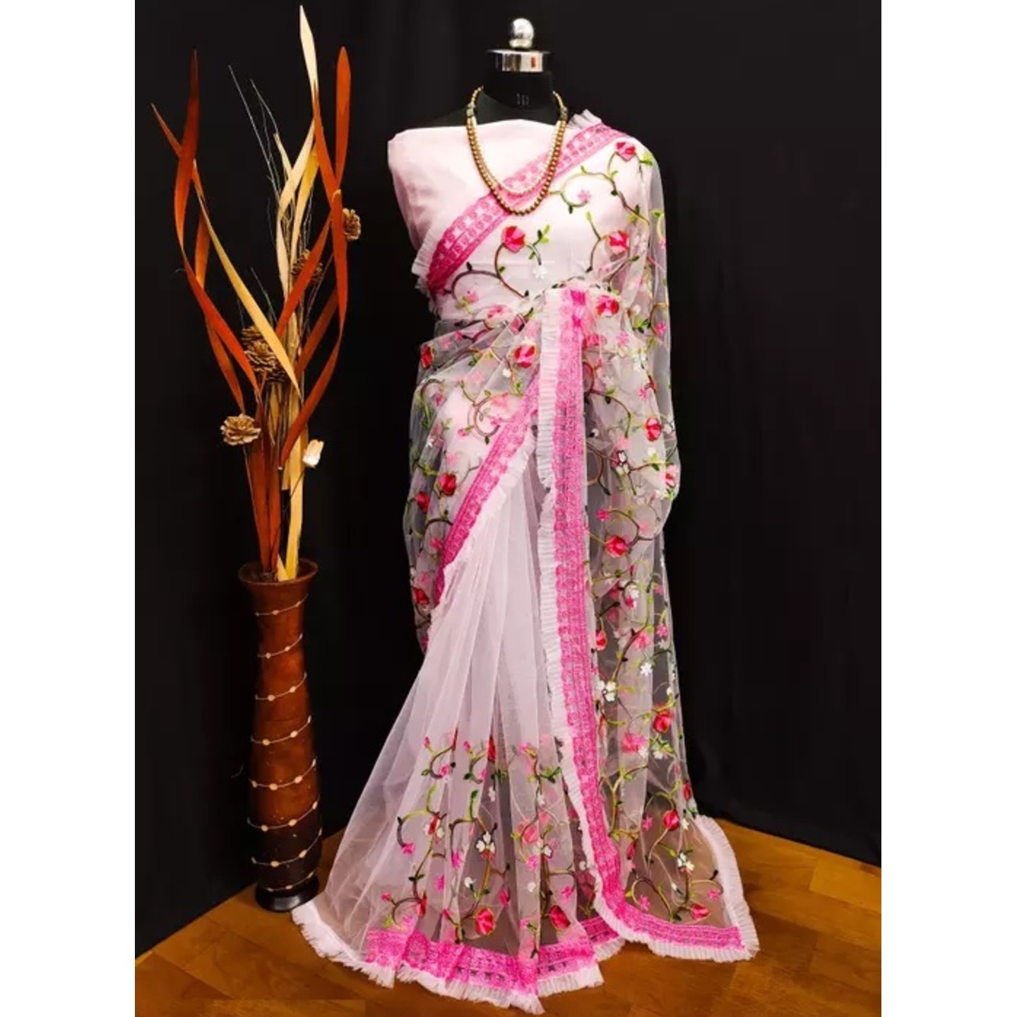 Net Pink Embroidery Party Wear Saree with Solid Blouse