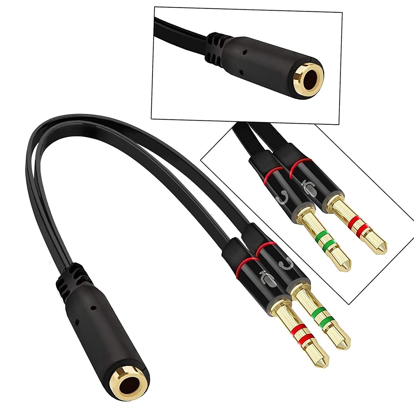 Gold Plated 2 male to 1 female 3.5mm Headphone Earphone Mic Audio Y Splitter Cable For PC Laptop (20cm)– Black