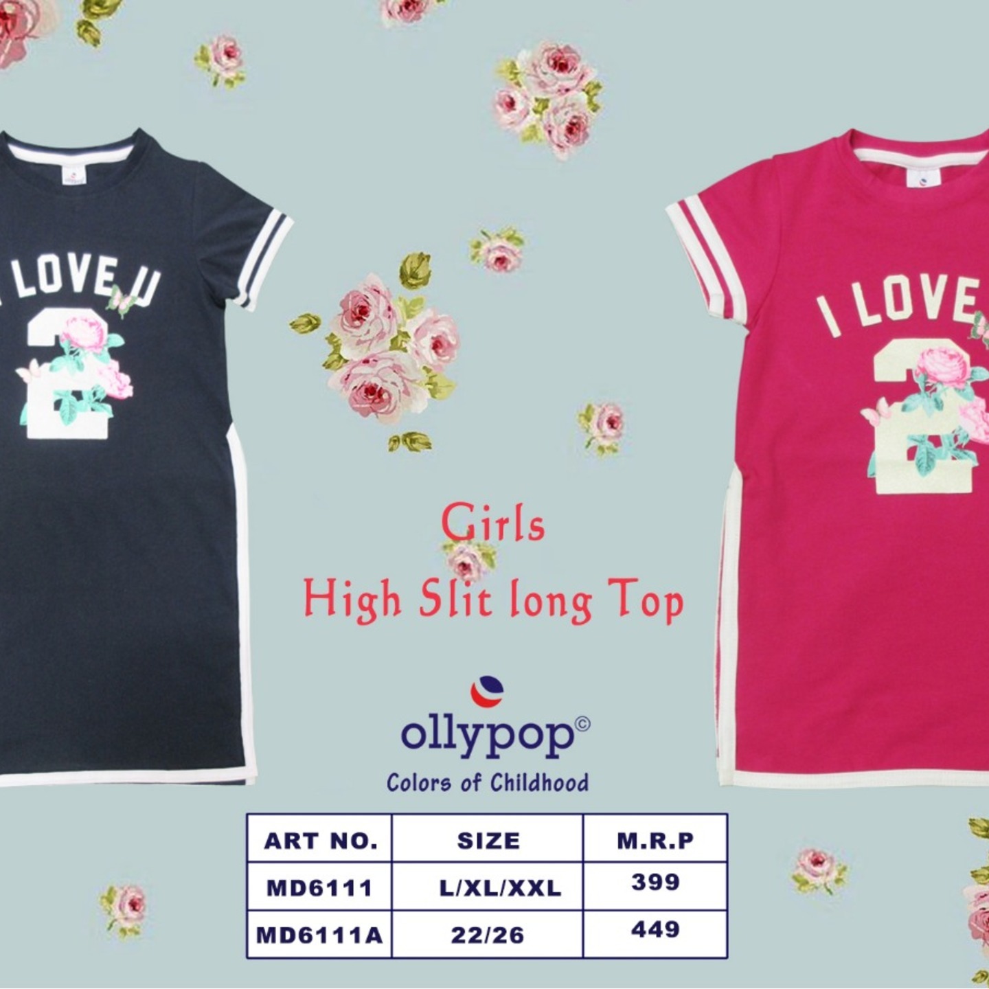 Girl's High Slit Long Top Ollypop 6 pcs