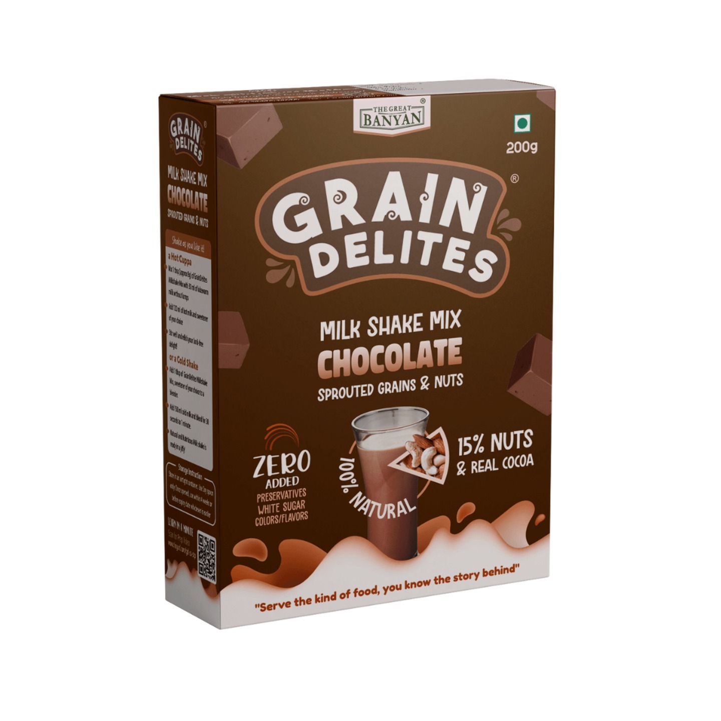 GrainDelites Milkshake Mix - Chocolate - Sprouted Grains and Nuts 200g - 100 Natural Instant Health Drink Mix for Kids and Adults
