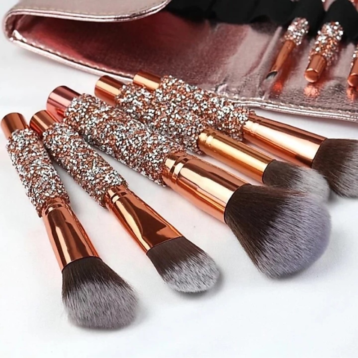 Luxury Beauty Glitter Makeup Brushes Shiny Diamond Crystal With Pu Bag Pack of 10